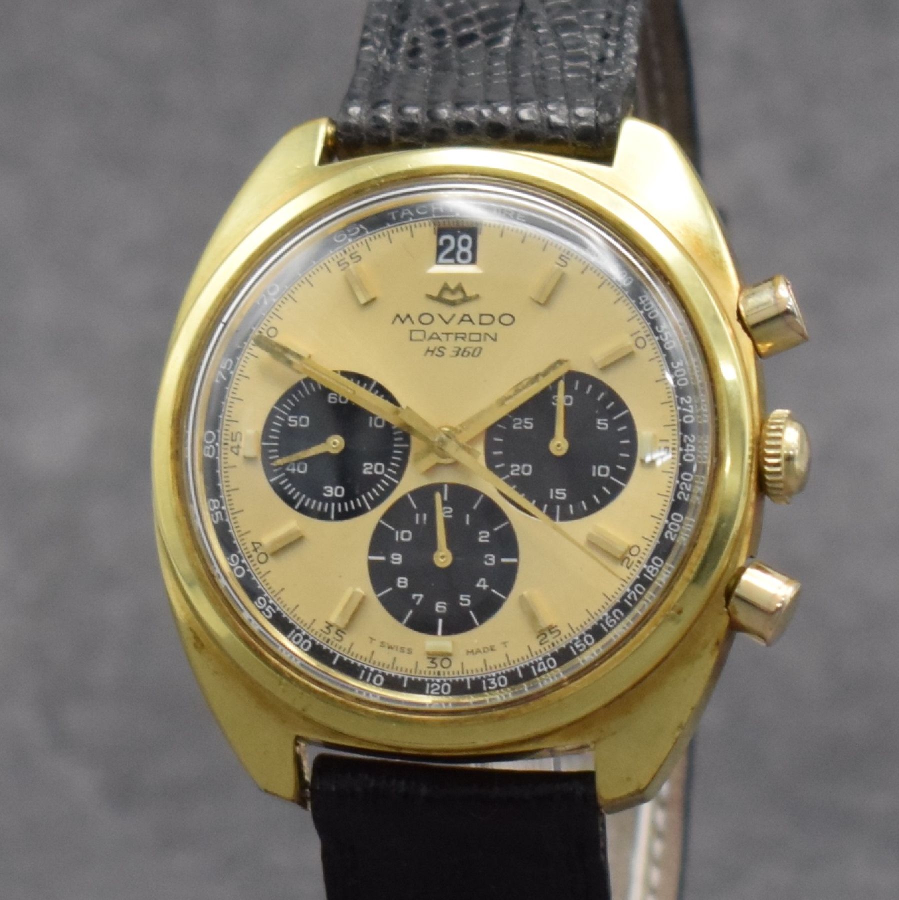 Detail c: MOVADO DATRON HS 360 vergoldeter Schaltradchronograph, Schweiz um 1970, 2- teil. Geh., verschr. Stahlboden, gold. Zifferbl. m. schwarzen ...