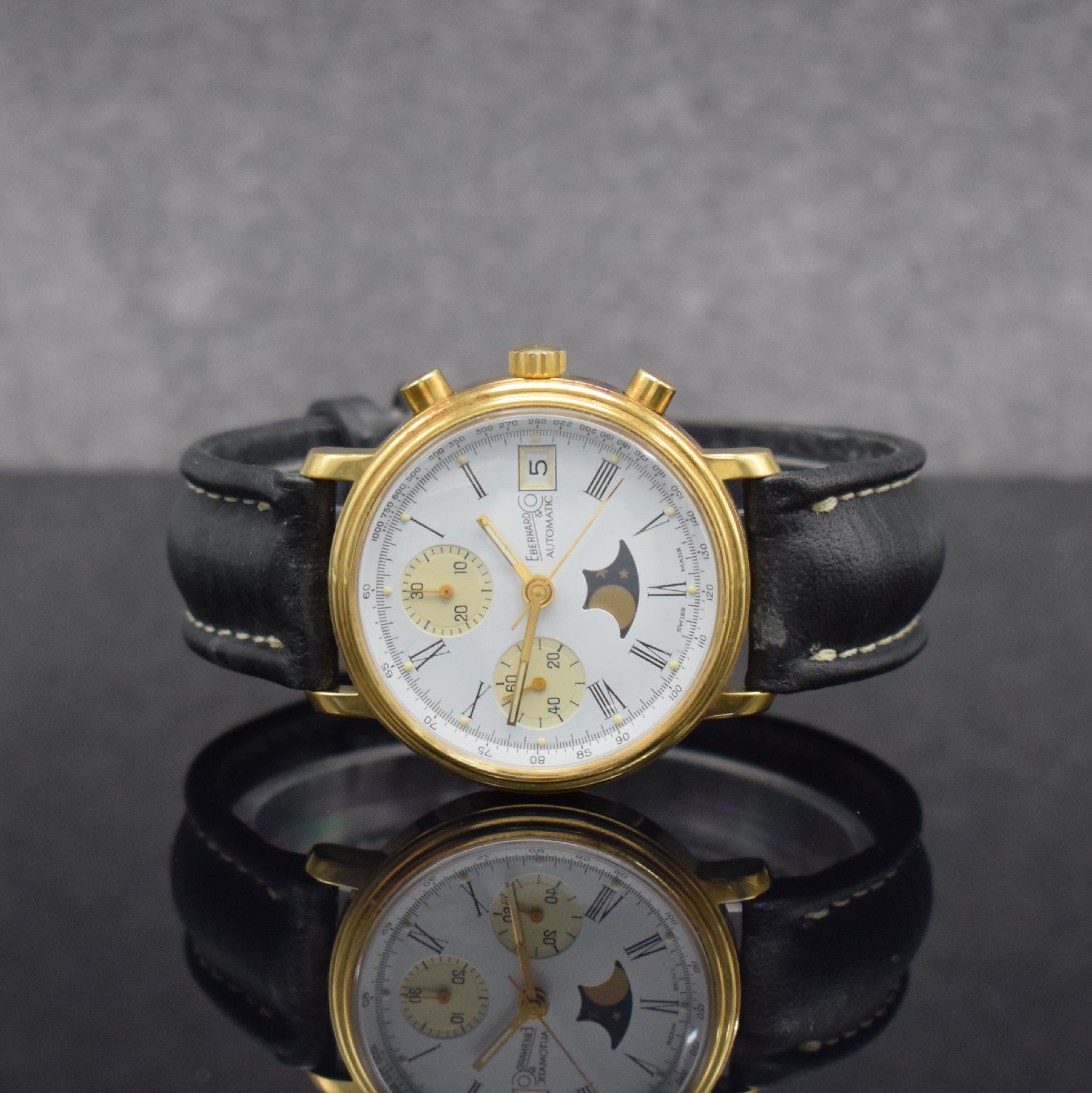 EBERHARD & Co. limitierter Herrenchronograph zum 100 jährigen Firmenjubiläum, Schweiz um 1987, Automatik, verg. Geh. m. verschr. Stahlboden, ...