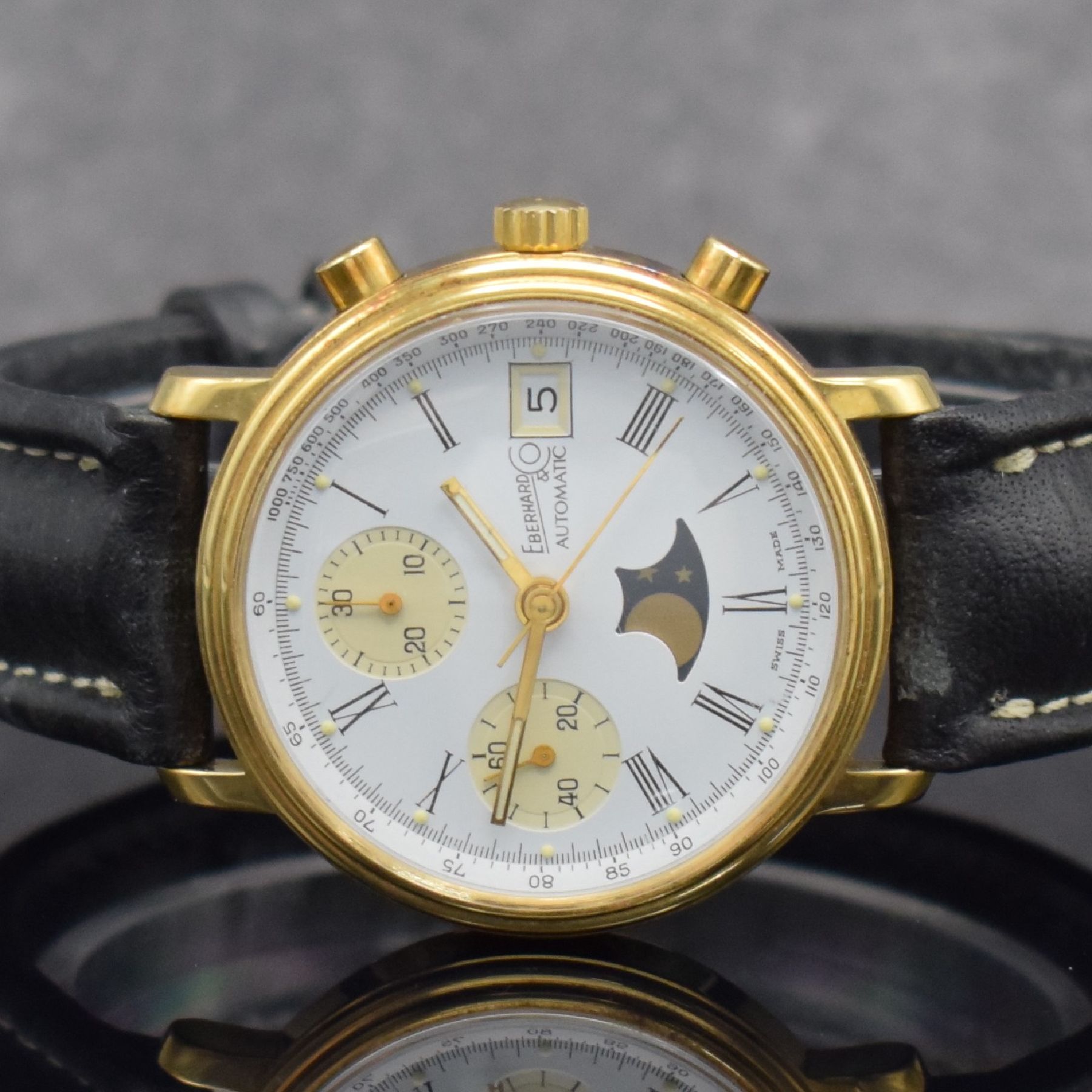 Detail a: EBERHARD & Co. limitierter Herrenchronograph zum 100 jährigen Firmenjubiläum, Schweiz um 1987, Automatik, verg. Geh. m. verschr. Stahlboden, ...
