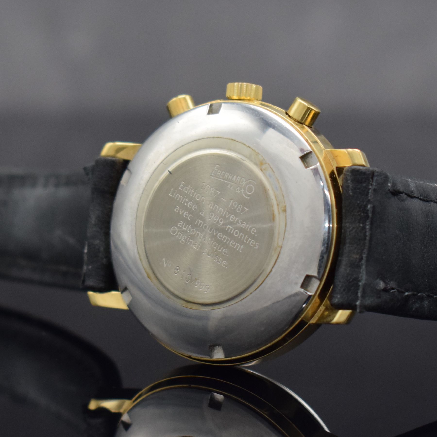 Detail e: EBERHARD & Co. limitierter Herrenchronograph zum 100 jährigen Firmenjubiläum, Schweiz um 1987, Automatik, verg. Geh. m. verschr. Stahlboden, ...