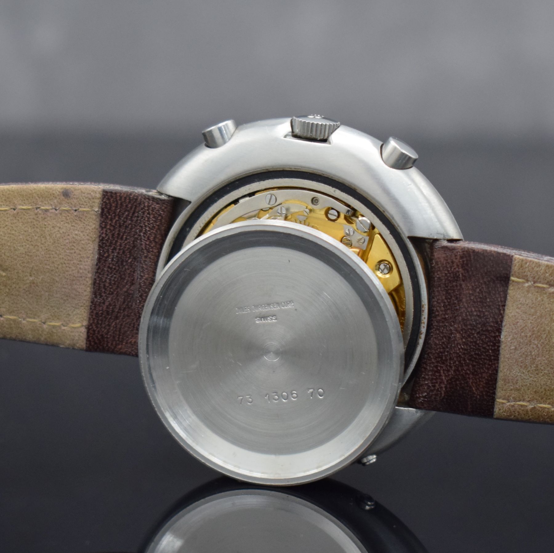 Detail h: JULES JÜRGENSEN seltener Valjoux 88 Armbandchronograph mit Vollkalender & Mondphase in Stahl, Schweiz um 1970, Handaufzug, ausgef. großes Geh. m. ...