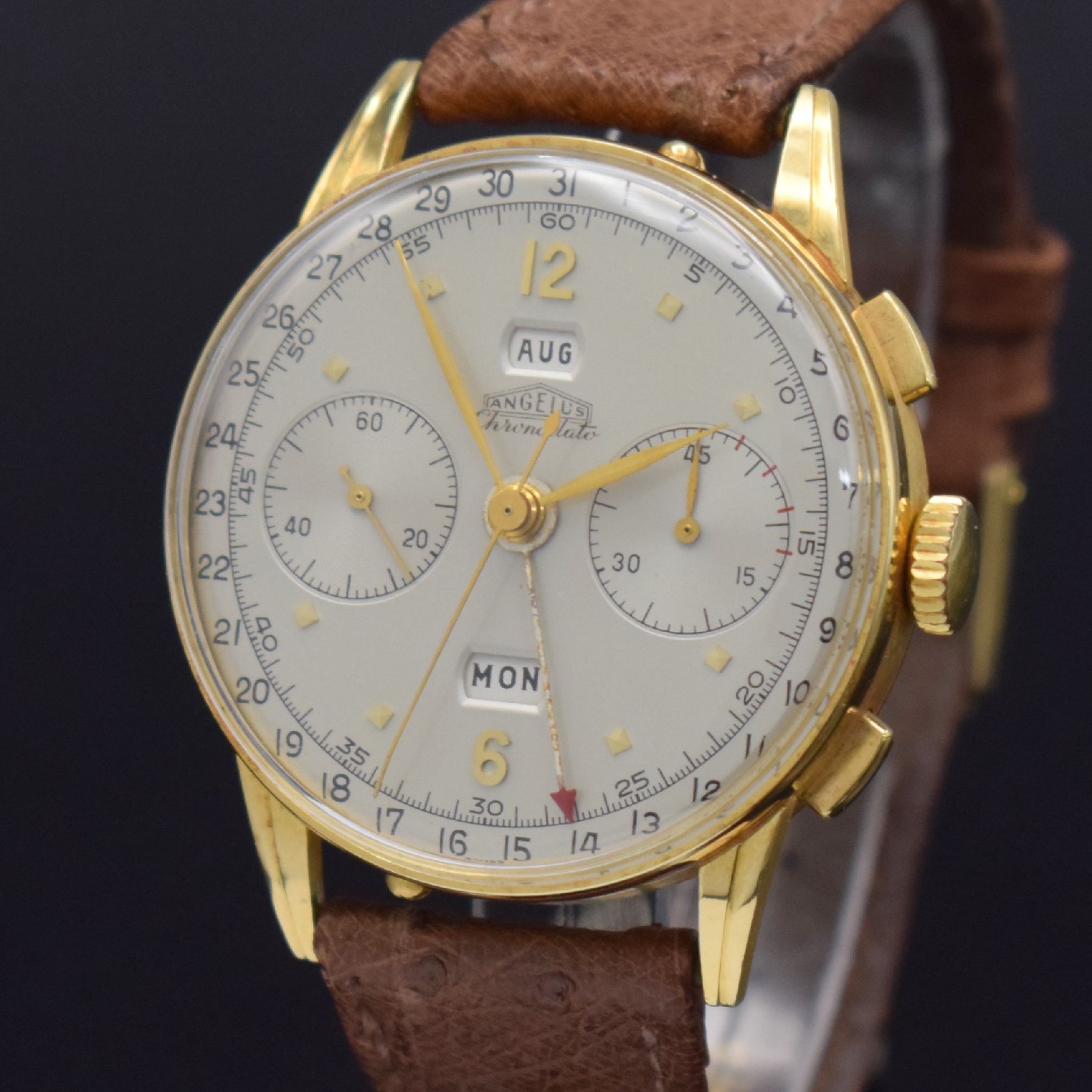 Detail c: ANGELUS Chronodato seltener Schaltradchronograph mit Vollkalender in GG 750/000, Schweiz um 1945, Handaufzug, 3-tlg. Geh., Boden & Glasrand aufgedr., ...