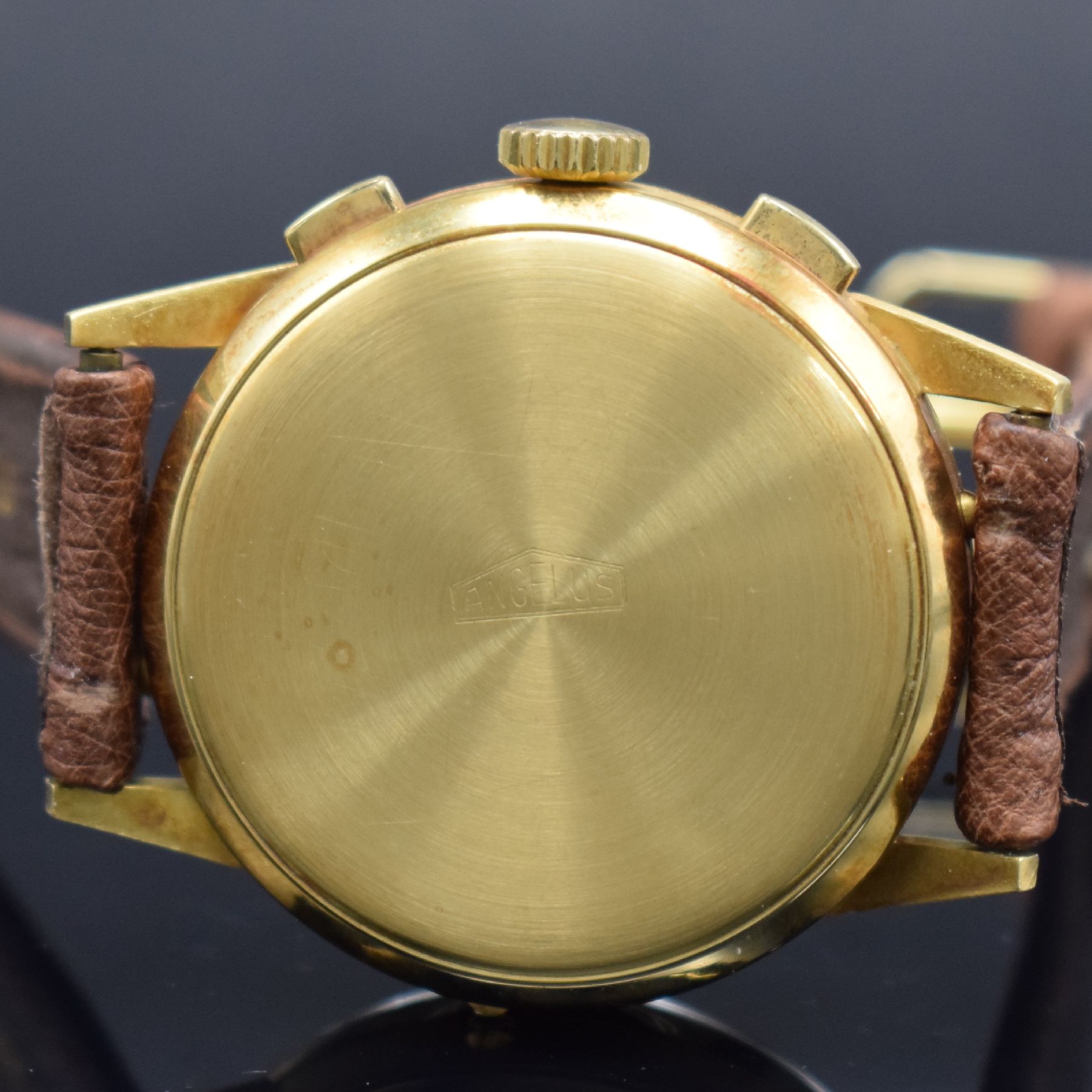 Detail j: ANGELUS Chronodato seltener Schaltradchronograph mit Vollkalender in GG 750/000, Schweiz um 1945, Handaufzug, 3-tlg. Geh., Boden & Glasrand aufgedr., ...