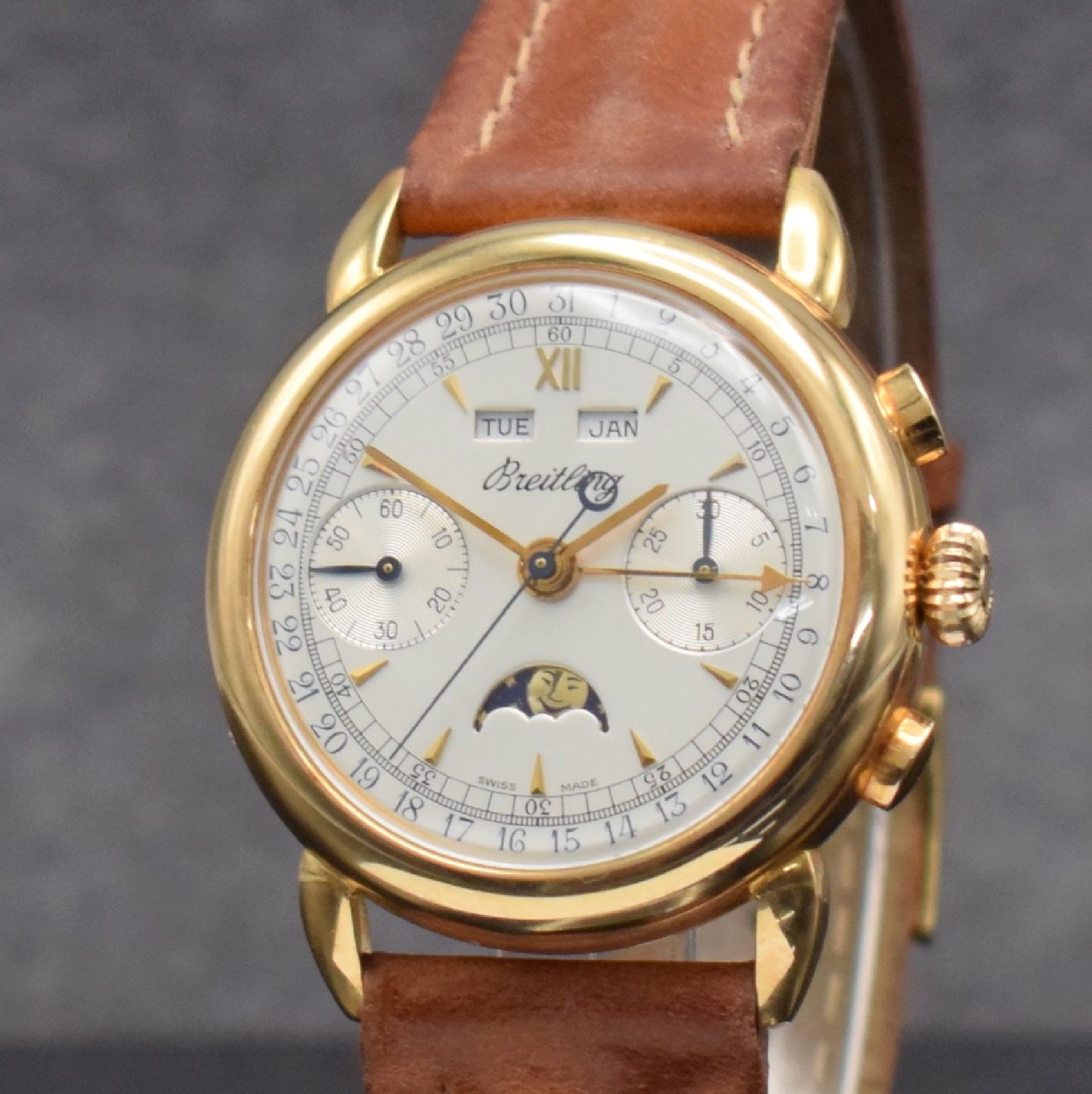 Detail a: BREITLING Datora sehr seltener Schaltradchronograph mit Vollkalender in RG 750/000 Referenz 1939, Schweiz um 1980, Handaufzug, in nur wenigen ...