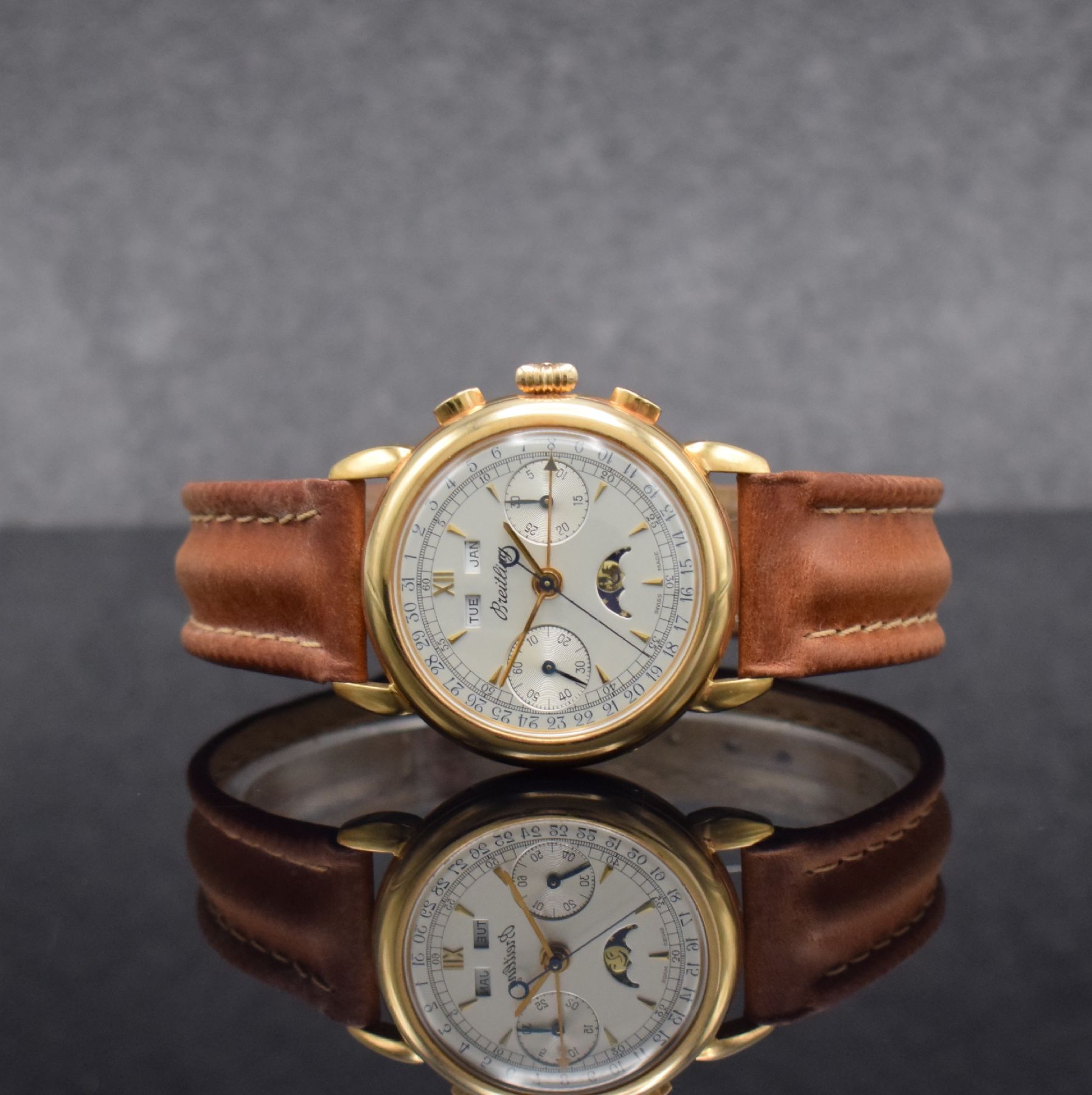 Detail b: BREITLING Datora sehr seltener Schaltradchronograph mit Vollkalender in RG 750/000 Referenz 1939, Schweiz um 1980, Handaufzug, in nur wenigen ...