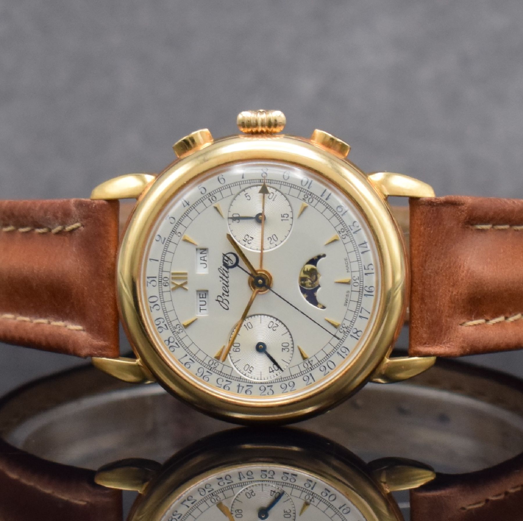 Detail c: BREITLING Datora sehr seltener Schaltradchronograph mit Vollkalender in RG 750/000 Referenz 1939, Schweiz um 1980, Handaufzug, in nur wenigen ...