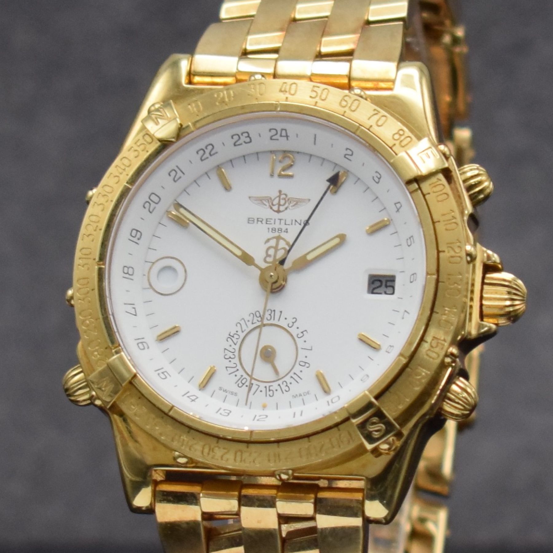 Detail a: BREITLING Duograph schwere Herrenarmbanduhr am Pilotband in GG 750/000 Referenz K15507, Schweiz um 1995, Automatik, pol. Geh., Boden & Krone ...
