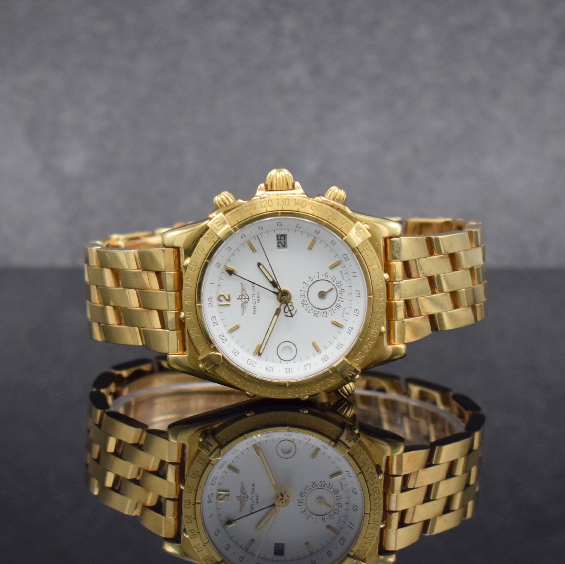 Detail b: BREITLING Duograph schwere Herrenarmbanduhr am Pilotband in GG 750/000 Referenz K15507, Schweiz um 1995, Automatik, pol. Geh., Boden & Krone ...