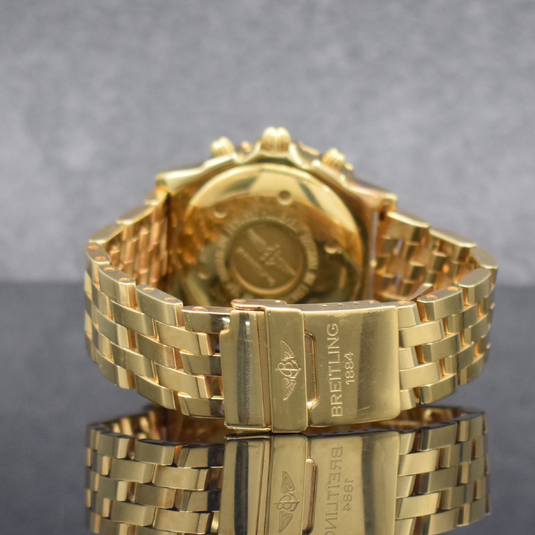Detail d: BREITLING Duograph schwere Herrenarmbanduhr am Pilotband in GG 750/000 Referenz K15507, Schweiz um 1995, Automatik, pol. Geh., Boden & Krone ...