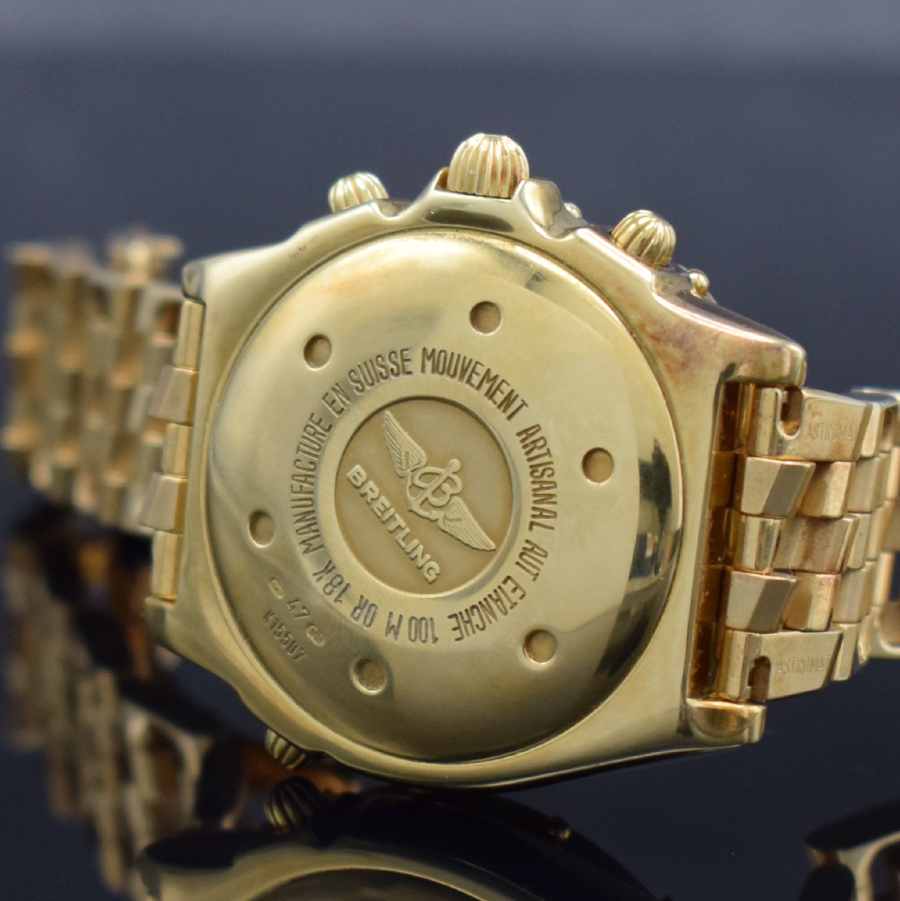 Detail h: BREITLING Duograph schwere Herrenarmbanduhr am Pilotband in GG 750/000 Referenz K15507, Schweiz um 1995, Automatik, pol. Geh., Boden & Krone ...
