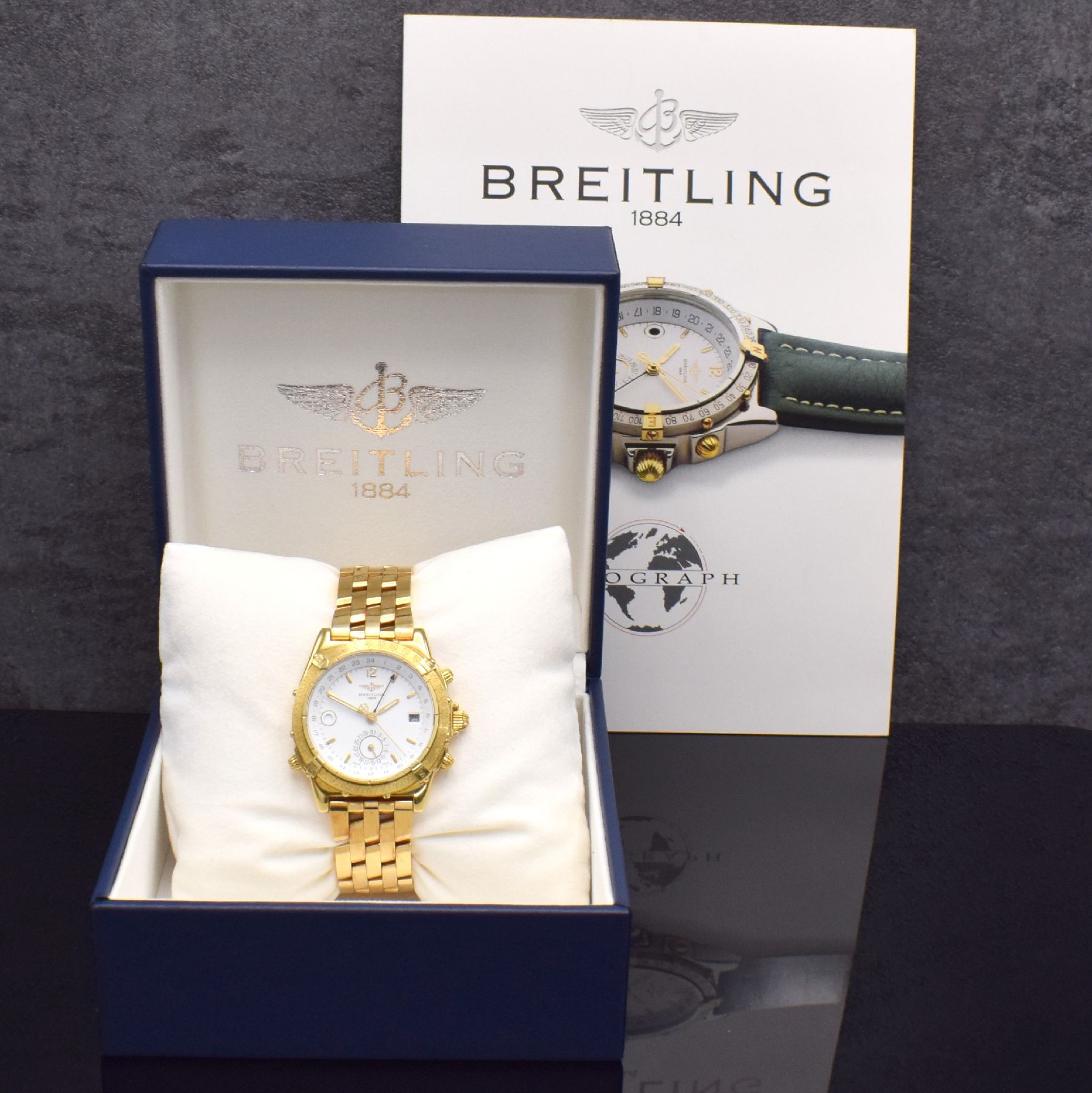 Detail m: BREITLING Duograph schwere Herrenarmbanduhr am Pilotband in GG 750/000 Referenz K15507, Schweiz um 1995, Automatik, pol. Geh., Boden & Krone ...