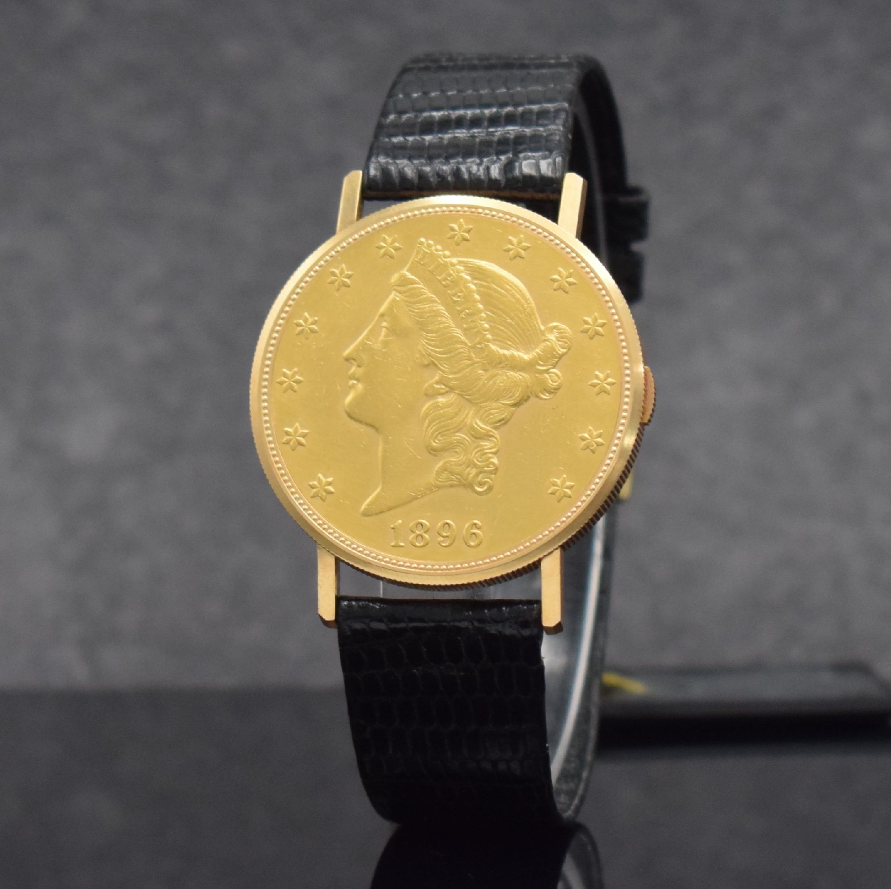 Detail e: VACHERON & CONSTANTIN 20-Dollar-Münz Armbanduhr, Schweiz um 1980, Handaufzug, Ref. 33019, Sprungdeckel-Geh. aus einer 20- Dollar-Münze v. 1896, ...