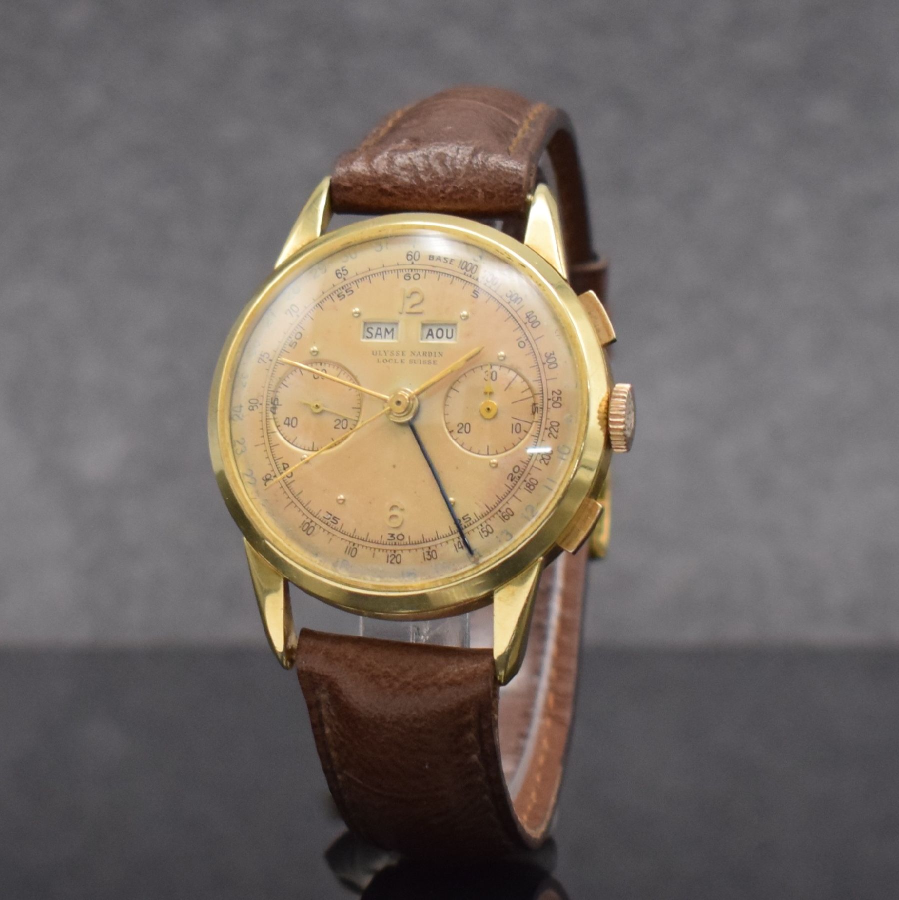 Detail b: ULYSSE NARDIN extrem seltener Schaltradchronograph mit Vollkalender Kaliber 23C in GG 750/000, Handaufzug, Schweiz um 1945, 3-teil. Geh., Boden & ...