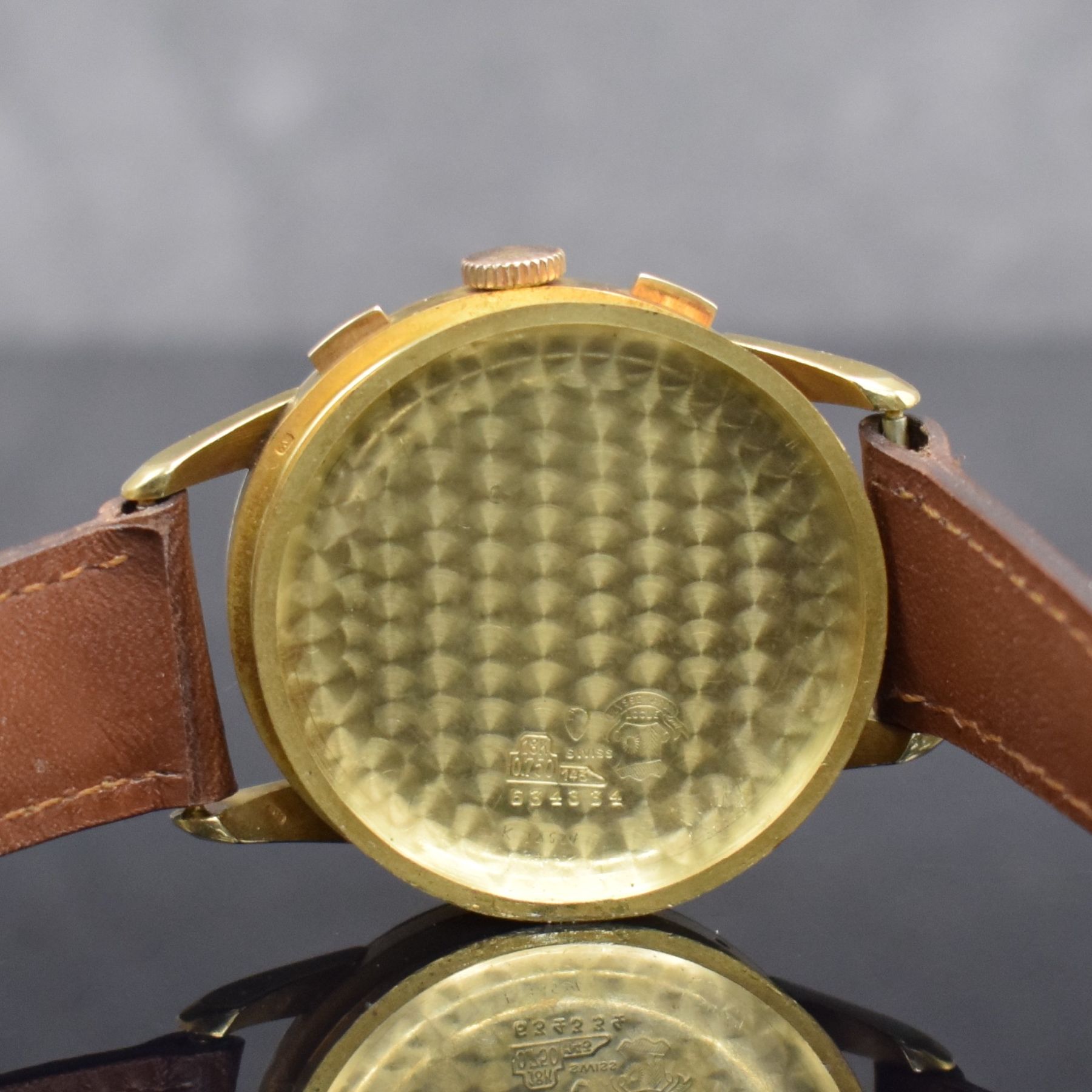 Detail g: ULYSSE NARDIN extrem seltener Schaltradchronograph mit Vollkalender Kaliber 23C in GG 750/000, Handaufzug, Schweiz um 1945, 3-teil. Geh., Boden & ...
