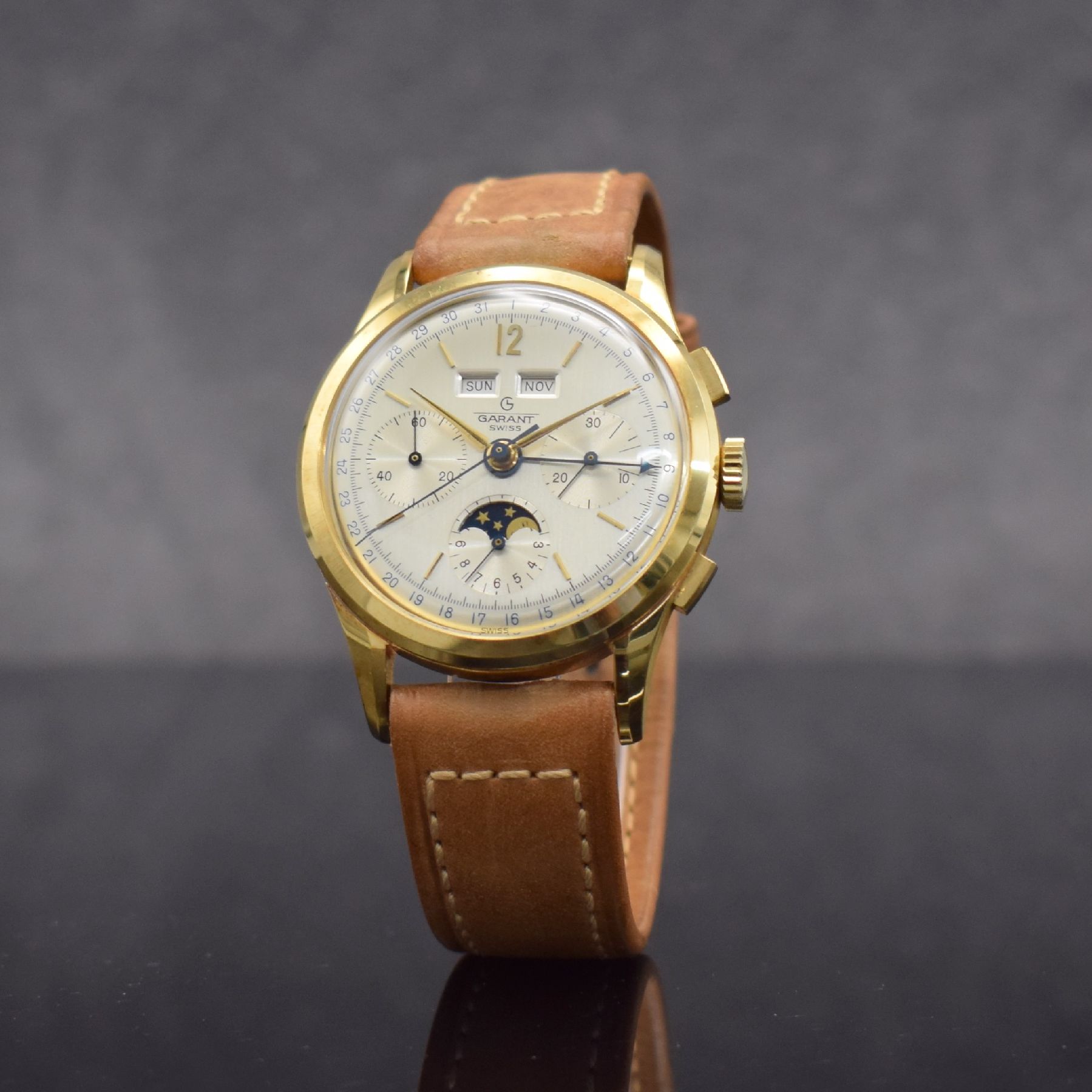 Detail c: GARANT Herrenarmbanduhr mit Vollkalender & Chronograph in GG 750/000 mit Kaliber Valjoux 72, Schweiz um 1980, 3-teil. Gehäuse sign. Mathey-Tissot, ...