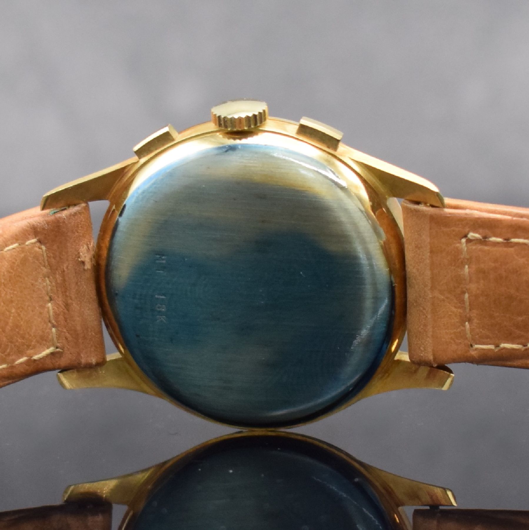 Detail g: GARANT Herrenarmbanduhr mit Vollkalender & Chronograph in GG 750/000 mit Kaliber Valjoux 72, Schweiz um 1980, 3-teil. Gehäuse sign. Mathey-Tissot, ...