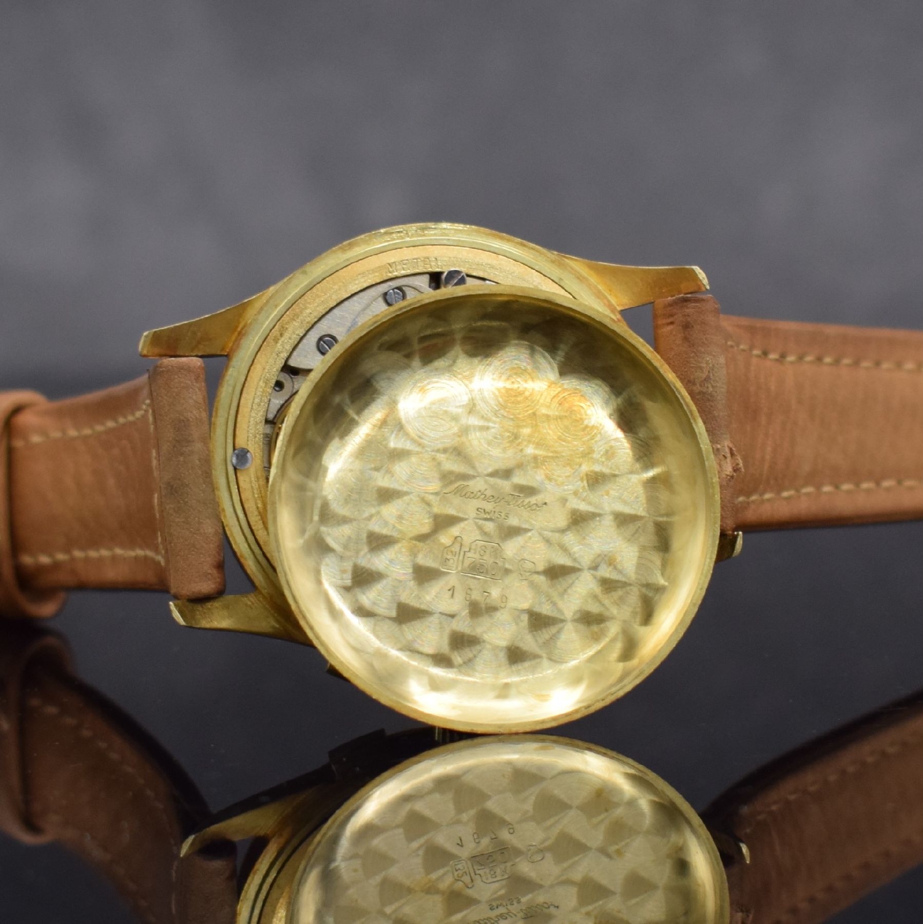 Detail j: GARANT Herrenarmbanduhr mit Vollkalender & Chronograph in GG 750/000 mit Kaliber Valjoux 72, Schweiz um 1980, 3-teil. Gehäuse sign. Mathey-Tissot, ...