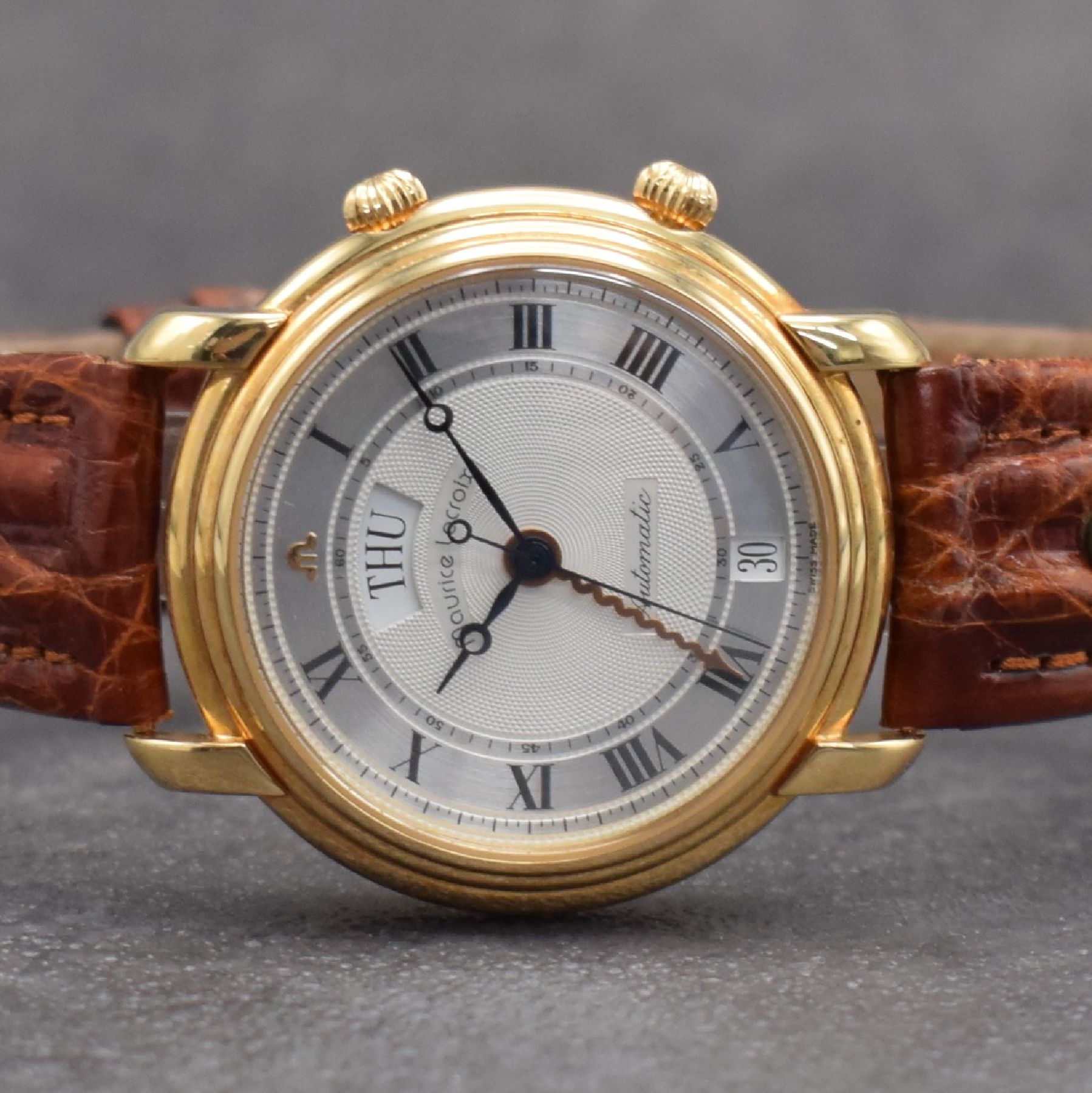 Detail a: MAURICE LACROIX limitierter Armbandwecker in RoseG 750/000, Schweiz um 2000, Ref. 45393, Automatik, lim. Auflage v. 999 Stück, beids. vergl. Geh., ...