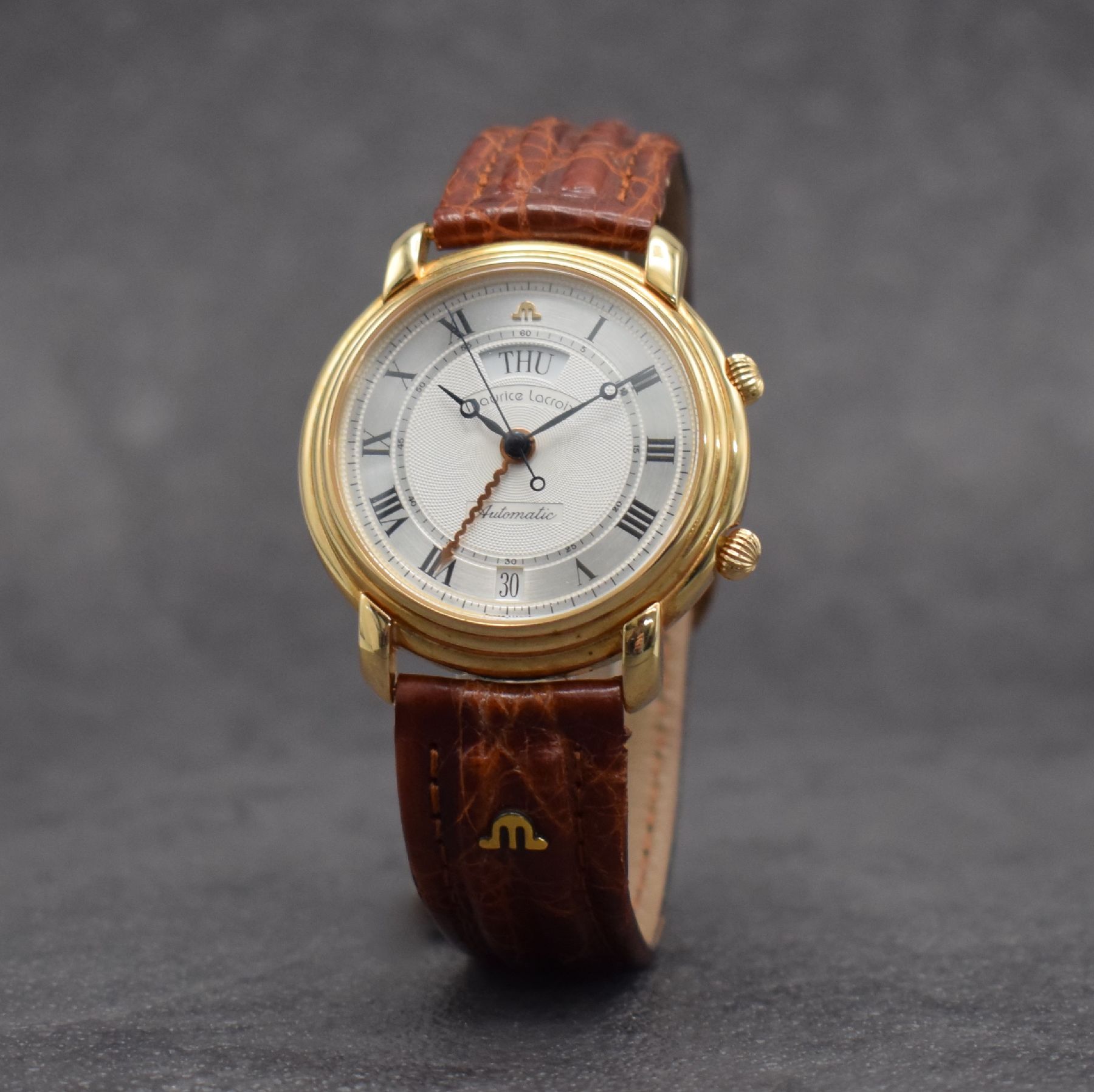 Detail b: MAURICE LACROIX limitierter Armbandwecker in RoseG 750/000, Schweiz um 2000, Ref. 45393, Automatik, lim. Auflage v. 999 Stück, beids. vergl. Geh., ...