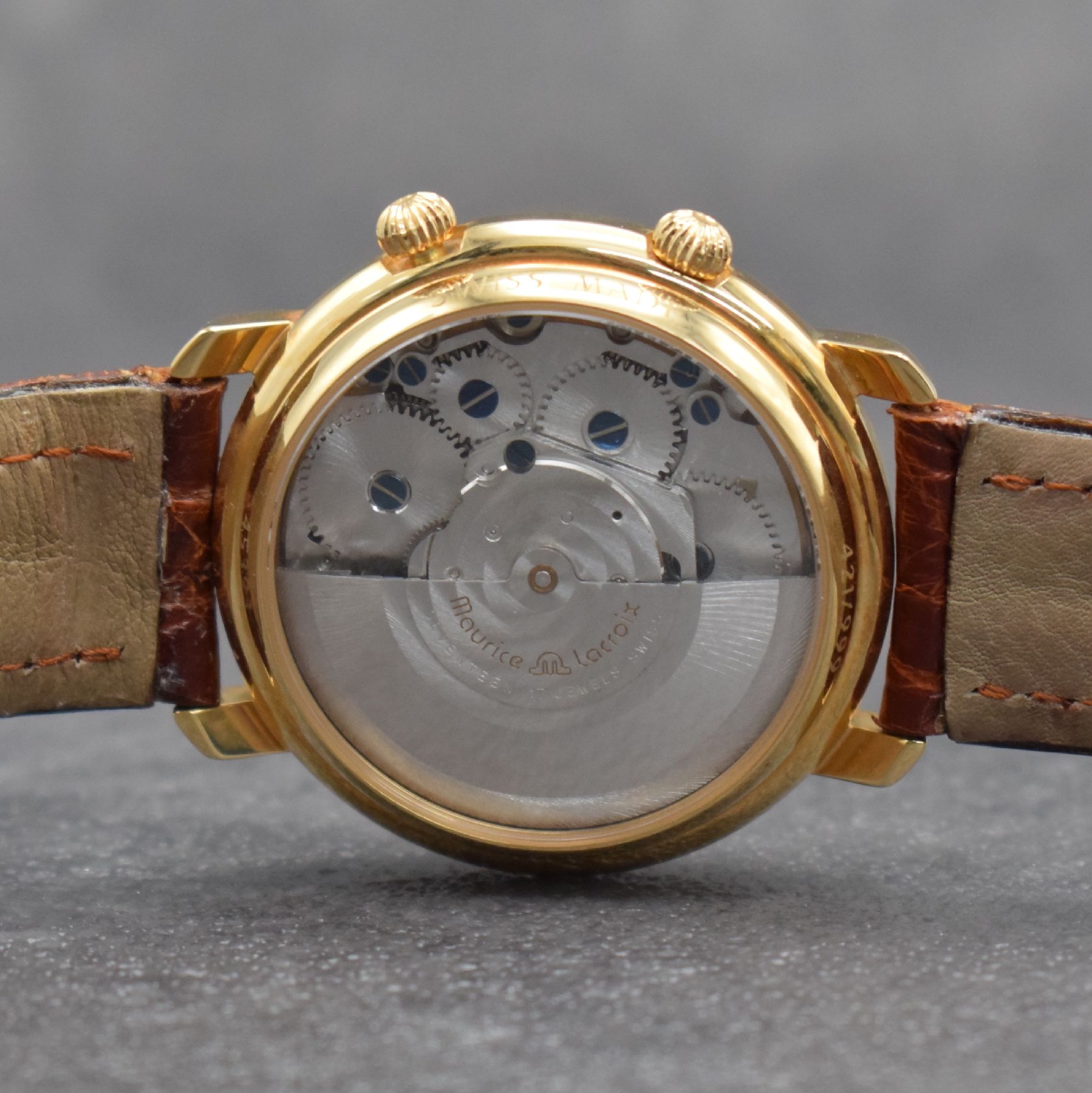 Detail i: MAURICE LACROIX limitierter Armbandwecker in RoseG 750/000, Schweiz um 2000, Ref. 45393, Automatik, lim. Auflage v. 999 Stück, beids. vergl. Geh., ...