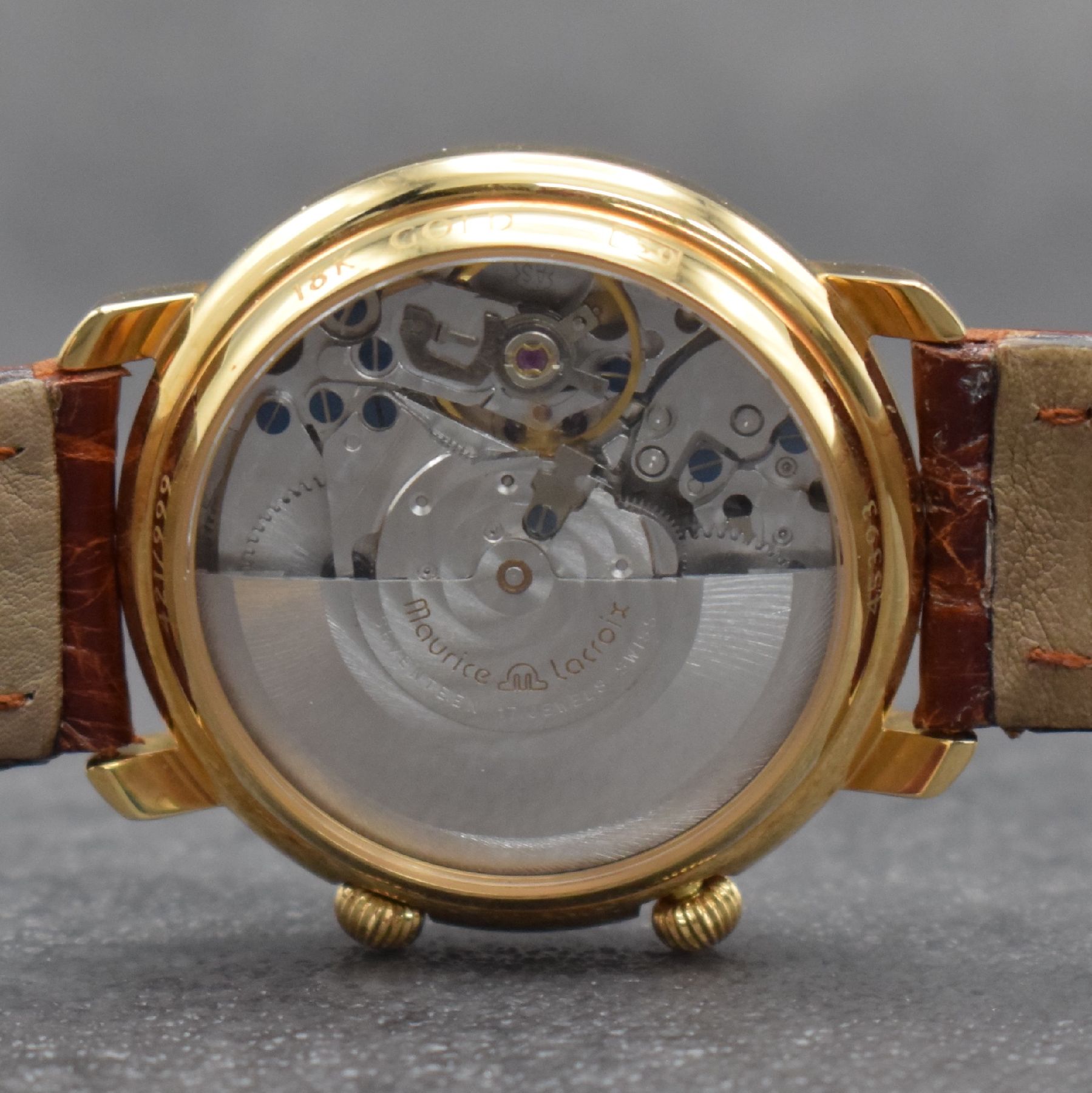 Detail j: MAURICE LACROIX limitierter Armbandwecker in RoseG 750/000, Schweiz um 2000, Ref. 45393, Automatik, lim. Auflage v. 999 Stück, beids. vergl. Geh., ...