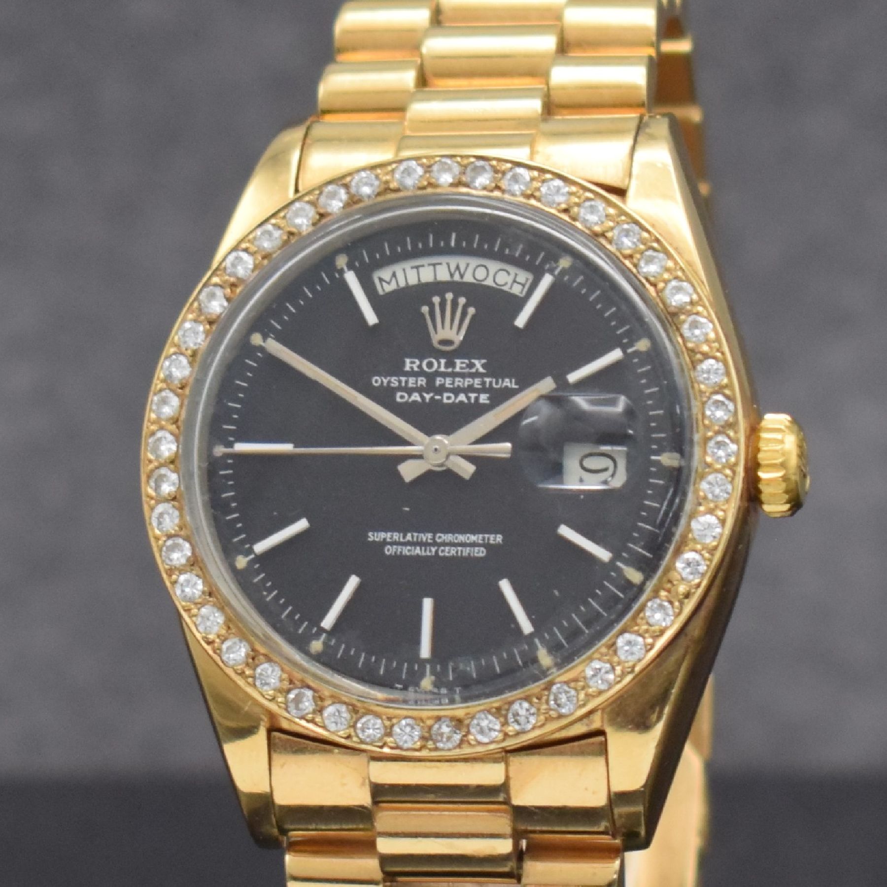 Detail a: ROLEX Herrenarmbanduhr Oyster Perpetual Day- Date, Automatik, Schweiz um 1973, auf Kundenwunsch verg. WG 750/000 Geh. inkl. Präsidentband, Lünette ...