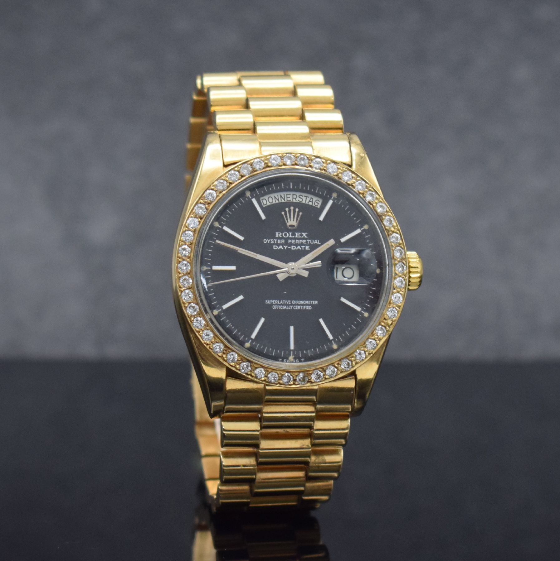 Detail b: ROLEX Herrenarmbanduhr Oyster Perpetual Day- Date, Automatik, Schweiz um 1973, auf Kundenwunsch verg. WG 750/000 Geh. inkl. Präsidentband, Lünette ...