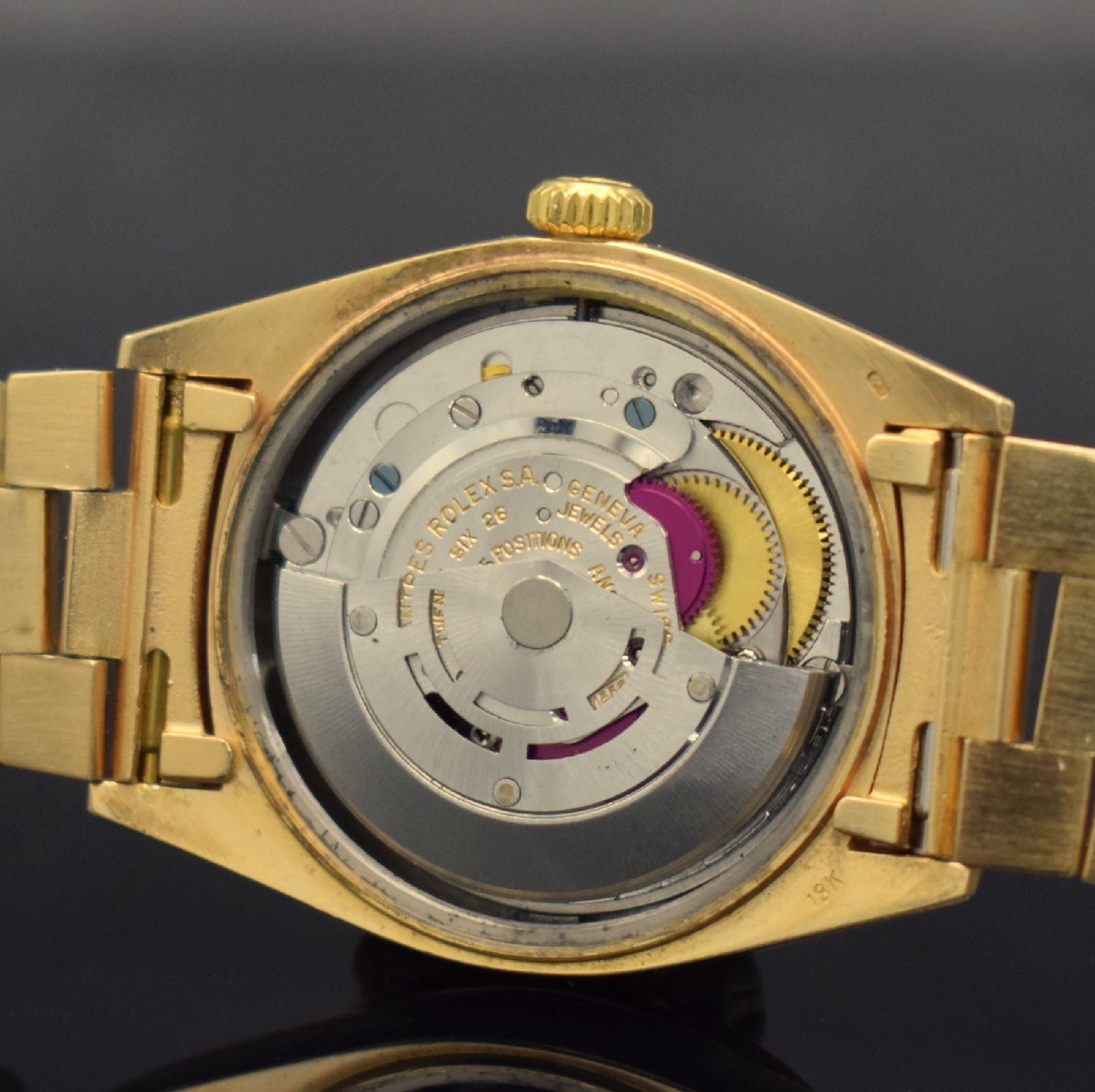 Detail h: ROLEX Herrenarmbanduhr Oyster Perpetual Day- Date, Automatik, Schweiz um 1973, auf Kundenwunsch verg. WG 750/000 Geh. inkl. Präsidentband, Lünette ...