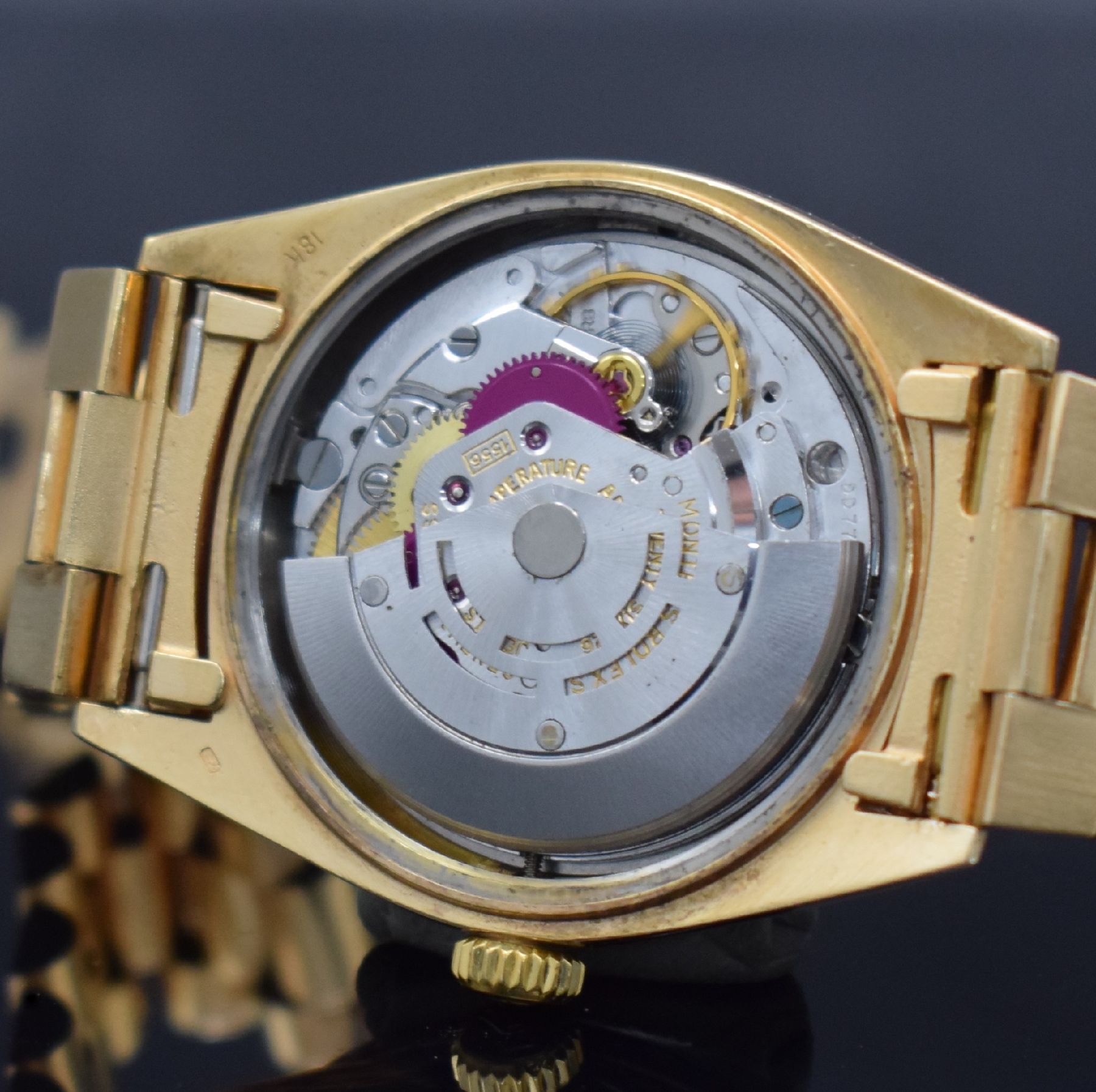 Detail i: ROLEX Herrenarmbanduhr Oyster Perpetual Day- Date, Automatik, Schweiz um 1973, auf Kundenwunsch verg. WG 750/000 Geh. inkl. Präsidentband, Lünette ...
