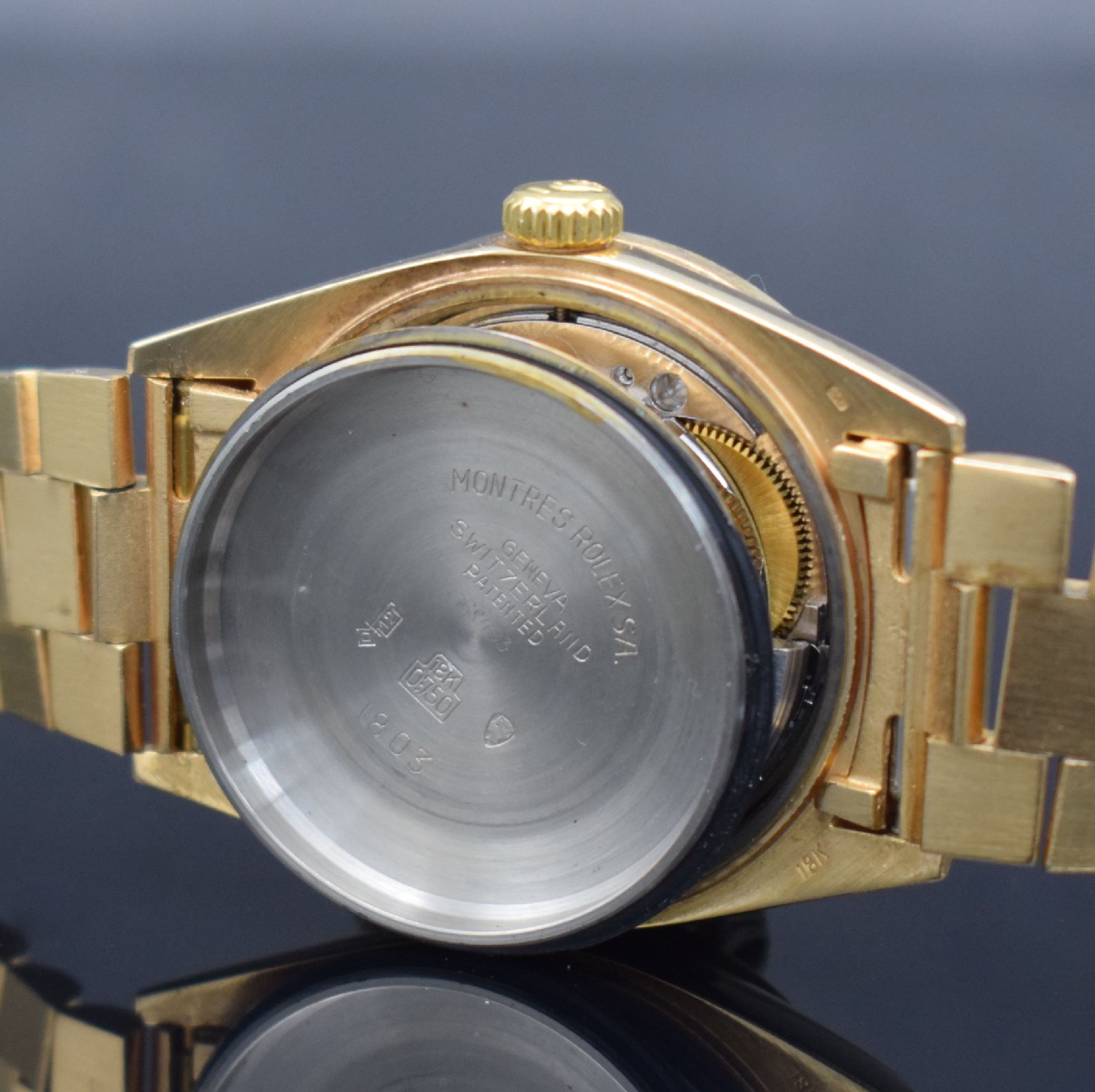 Detail j: ROLEX Herrenarmbanduhr Oyster Perpetual Day- Date, Automatik, Schweiz um 1973, auf Kundenwunsch verg. WG 750/000 Geh. inkl. Präsidentband, Lünette ...
