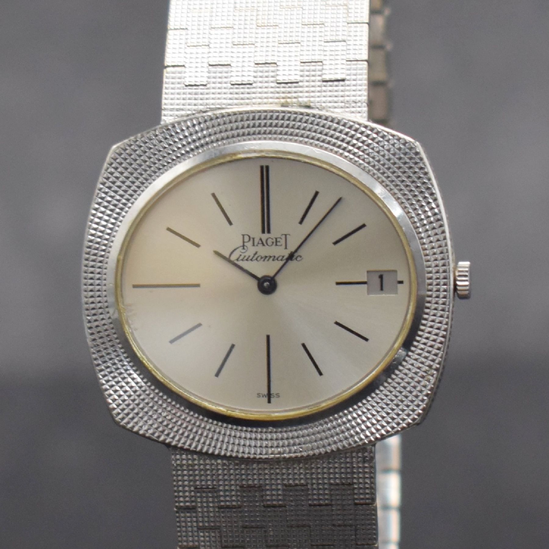 Detail c: PIAGET Armbanduhr in WG 750/000 Ref. 13448, Schweiz um 1970, Automatik, massives Geh., Boden 4-fach verschr., WG 750/000 Gliederband, silb. ...