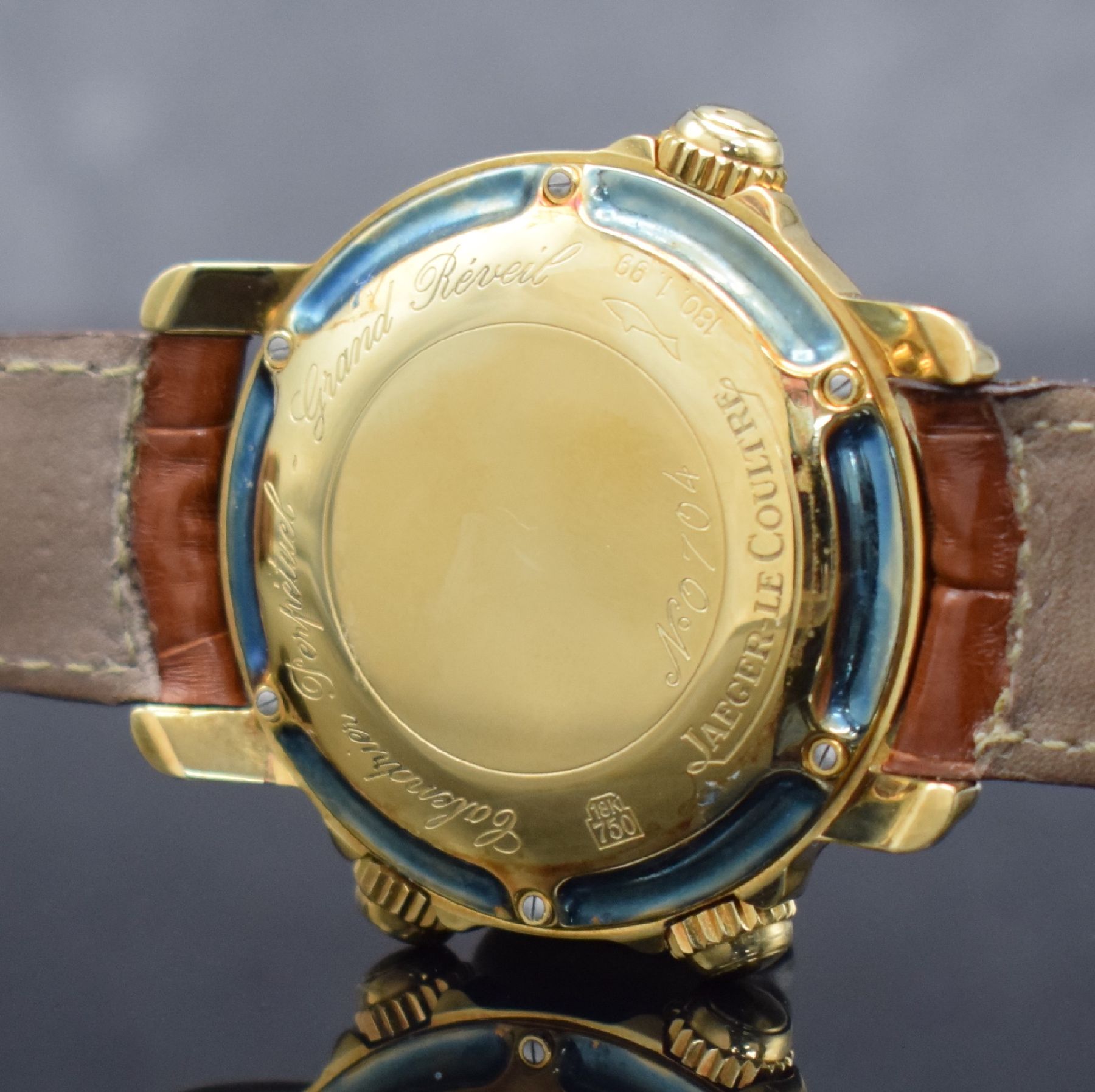 Detail h: Jaeger-LeCoultre astronomische Herrenarmbanduhr Calendrier Perpetual Grand Reveil in GG 750/000 Referenz 180.140.990, Schweiz um 1990, massives ...