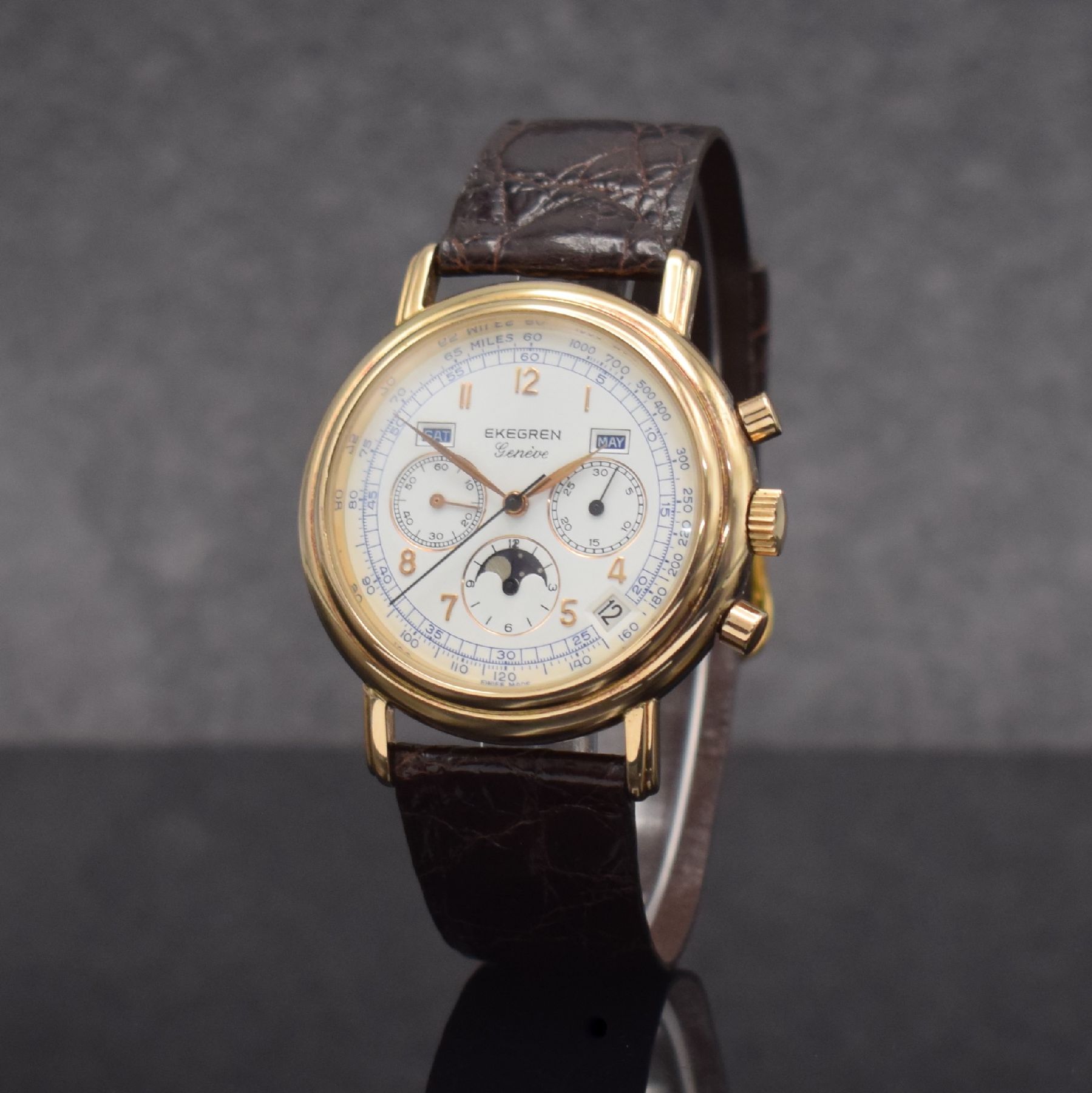 Detail b: EKEGREN seltene Herrenarmbanduhr mit Vollkalender & Schaltradchronograph in RoseG 585/000, Schweiz um 1980, Automatik, massives Goldgehäuse, ...