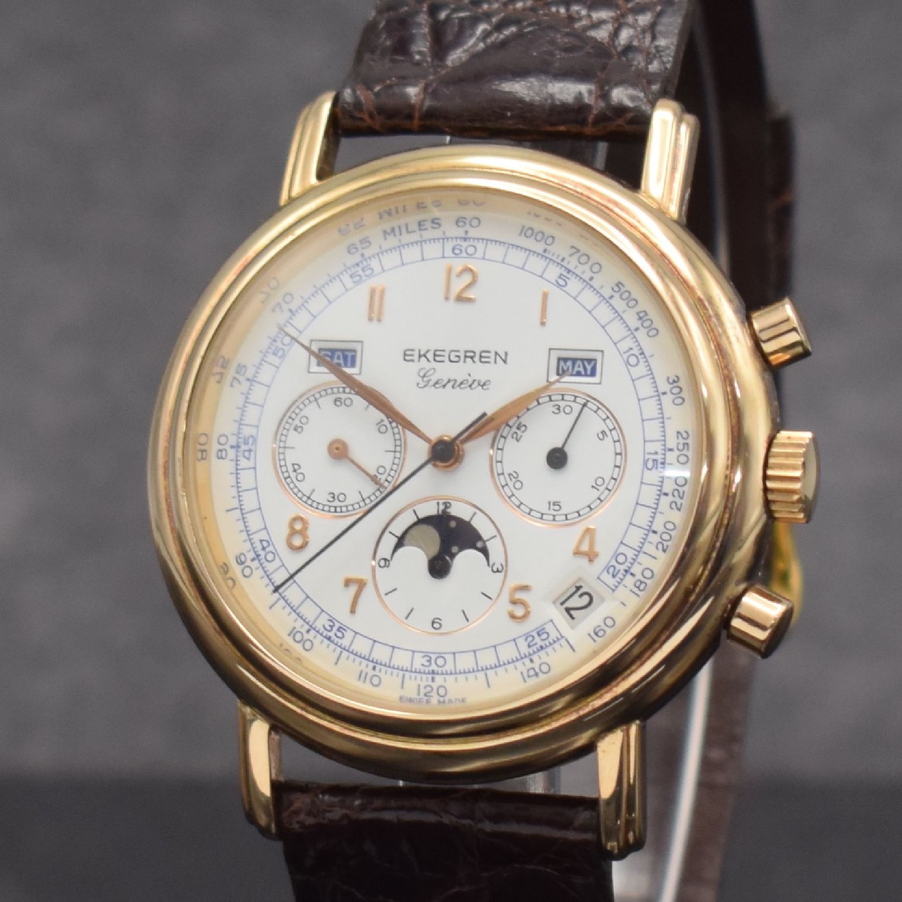 Detail c: EKEGREN seltene Herrenarmbanduhr mit Vollkalender & Schaltradchronograph in RoseG 585/000, Schweiz um 1980, Automatik, massives Goldgehäuse, ...
