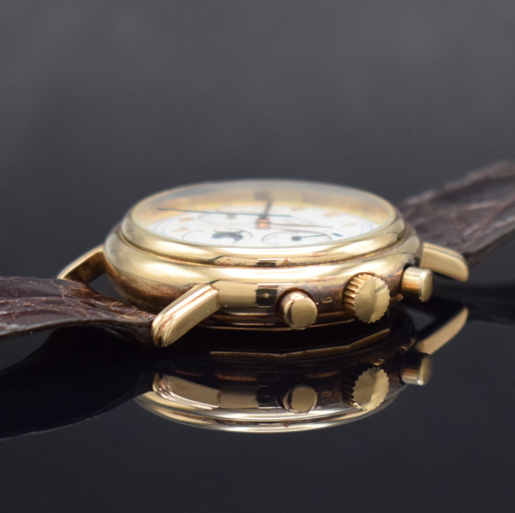 Detail d: EKEGREN seltene Herrenarmbanduhr mit Vollkalender & Schaltradchronograph in RoseG 585/000, Schweiz um 1980, Automatik, massives Goldgehäuse, ...