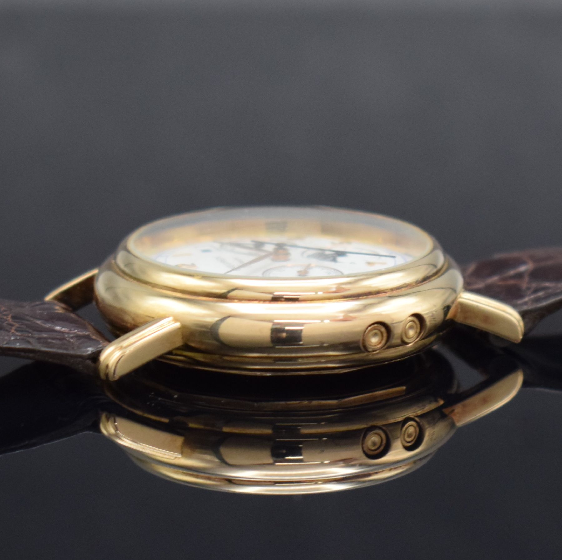 Detail e: EKEGREN seltene Herrenarmbanduhr mit Vollkalender & Schaltradchronograph in RoseG 585/000, Schweiz um 1980, Automatik, massives Goldgehäuse, ...