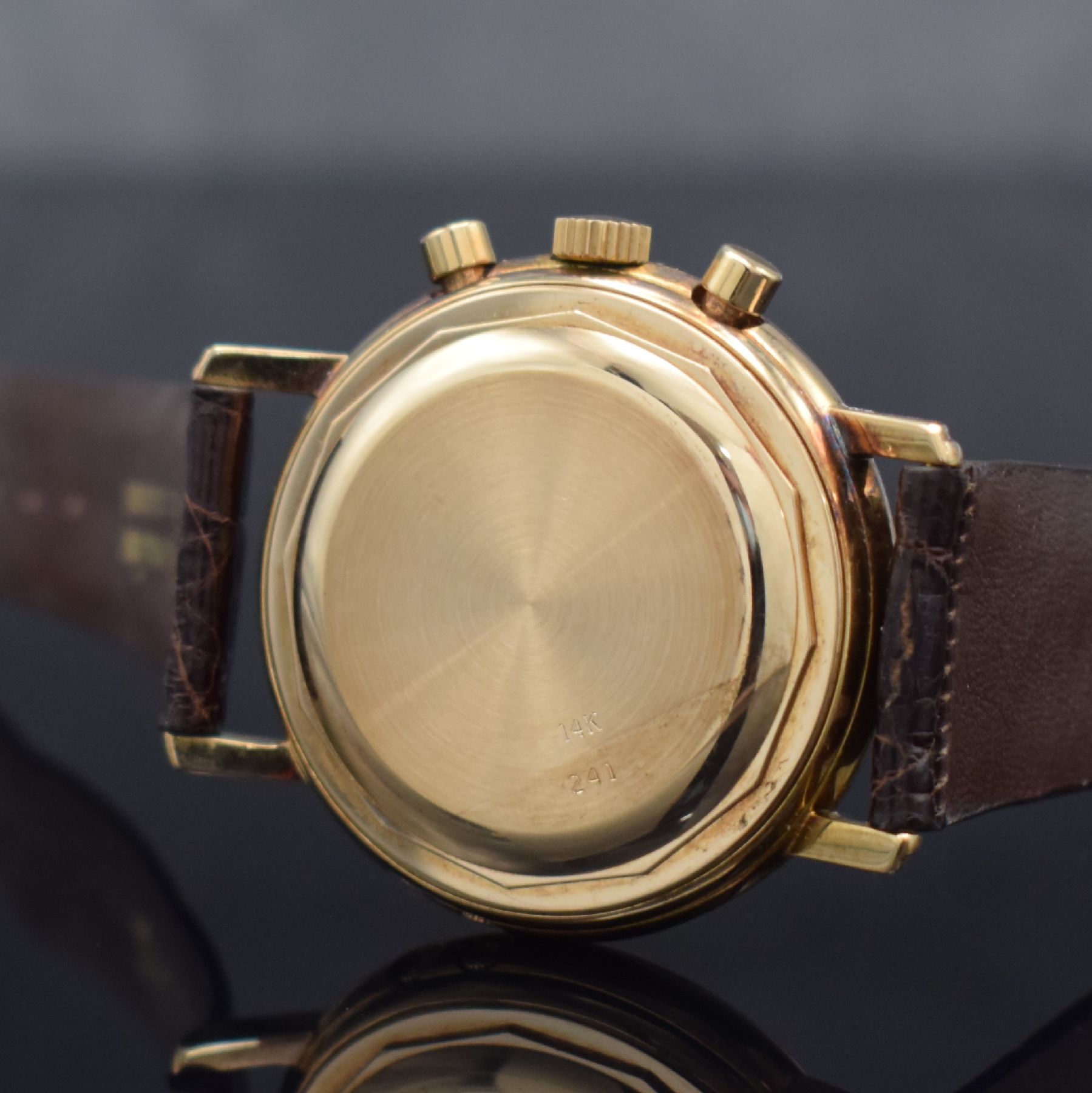 Detail f: EKEGREN seltene Herrenarmbanduhr mit Vollkalender & Schaltradchronograph in RoseG 585/000, Schweiz um 1980, Automatik, massives Goldgehäuse, ...