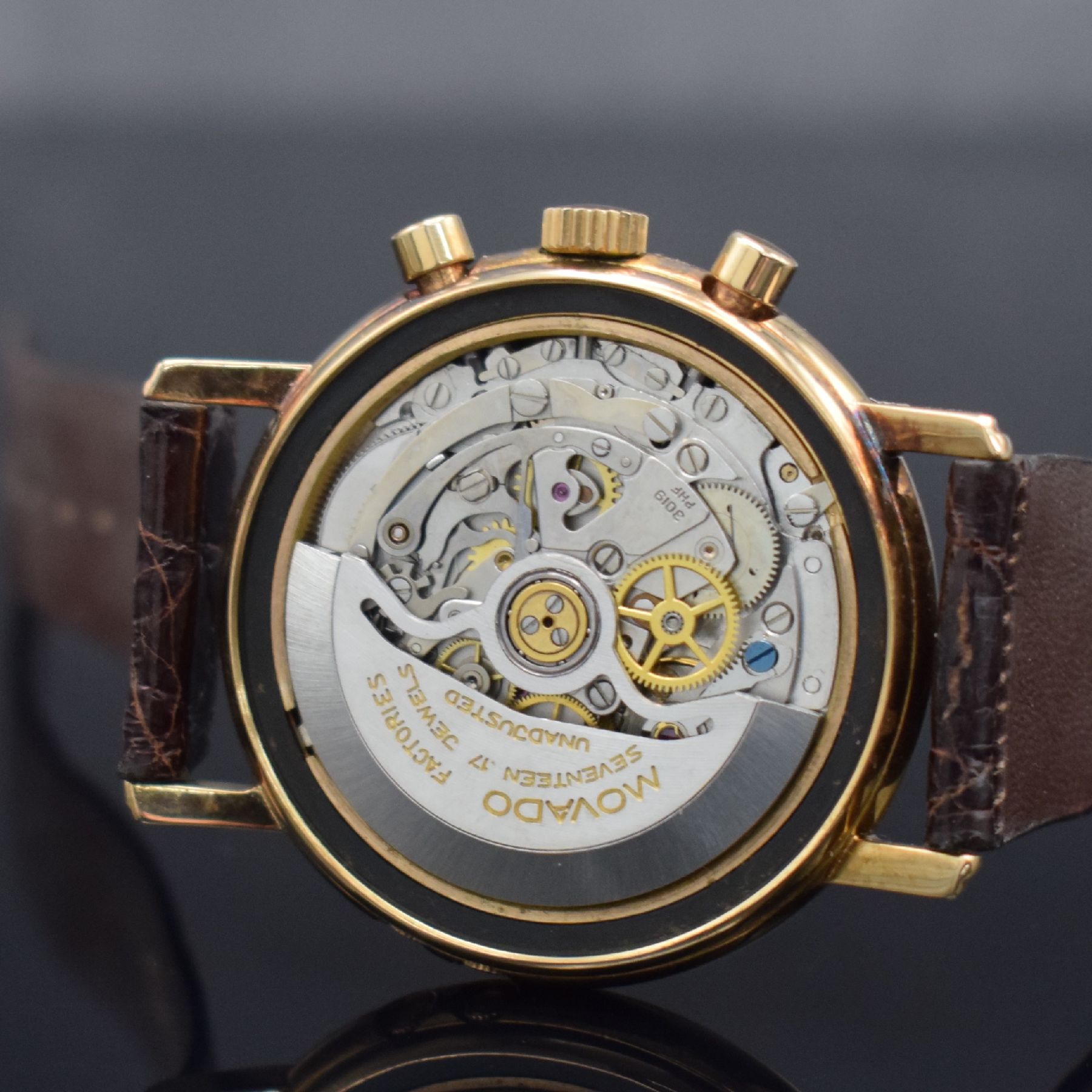 Detail g: EKEGREN seltene Herrenarmbanduhr mit Vollkalender & Schaltradchronograph in RoseG 585/000, Schweiz um 1980, Automatik, massives Goldgehäuse, ...
