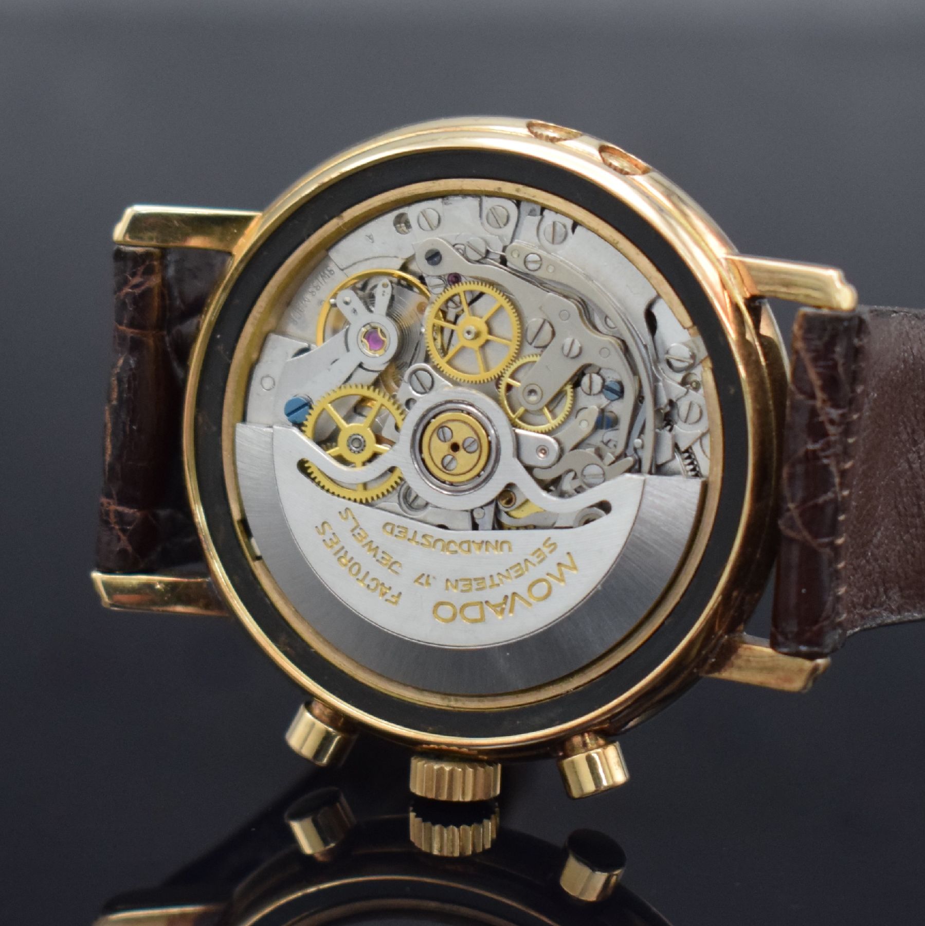 Detail h: EKEGREN seltene Herrenarmbanduhr mit Vollkalender & Schaltradchronograph in RoseG 585/000, Schweiz um 1980, Automatik, massives Goldgehäuse, ...