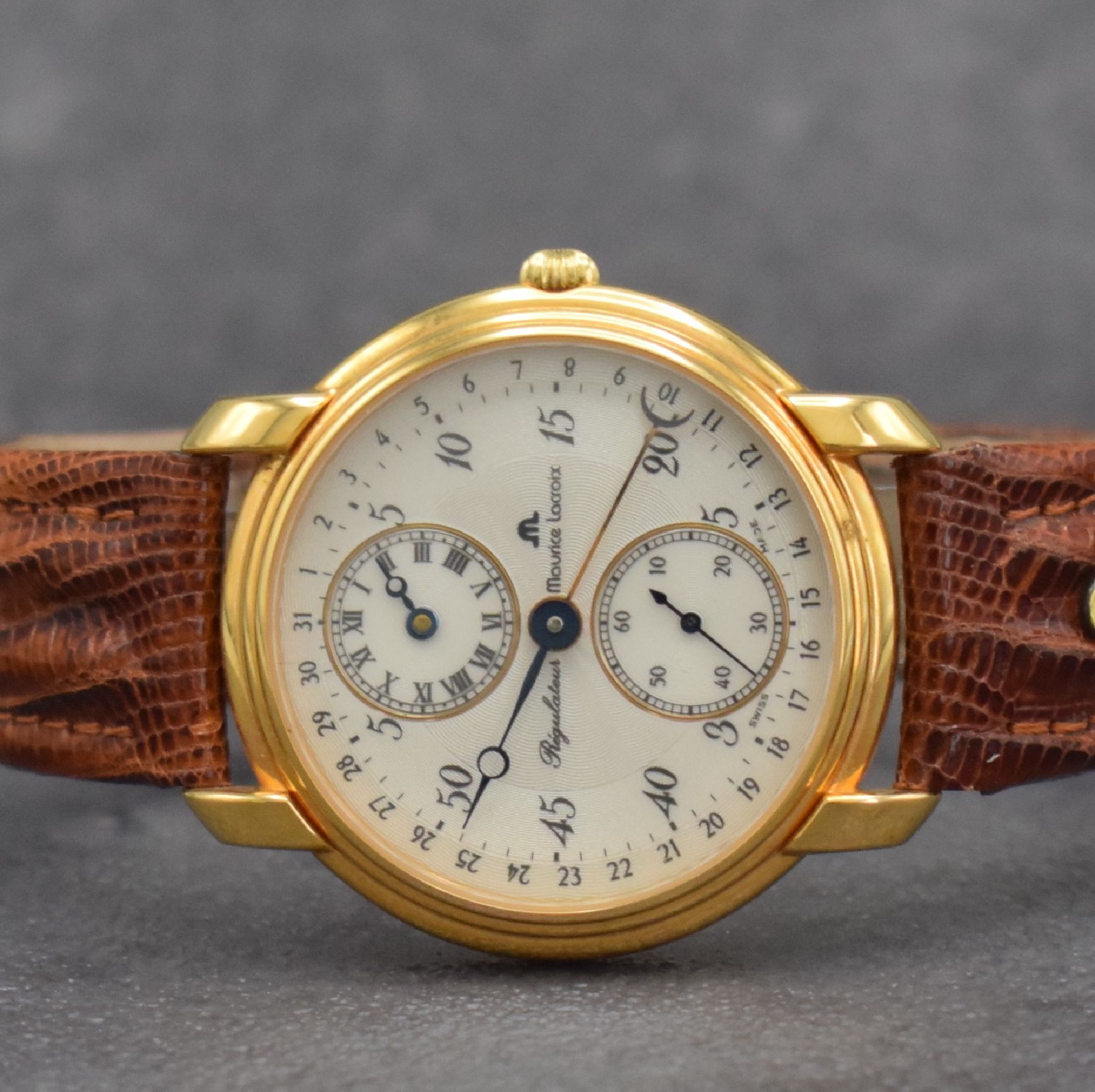 Detail a: MAURICE LACROIX Herrenarmbanduhr Regulateur Referenz 53401, Handaufzug, Schweiz um 1991, auf 999 Stück limitiertes Sondermodell, verg. Metallgeh. ...