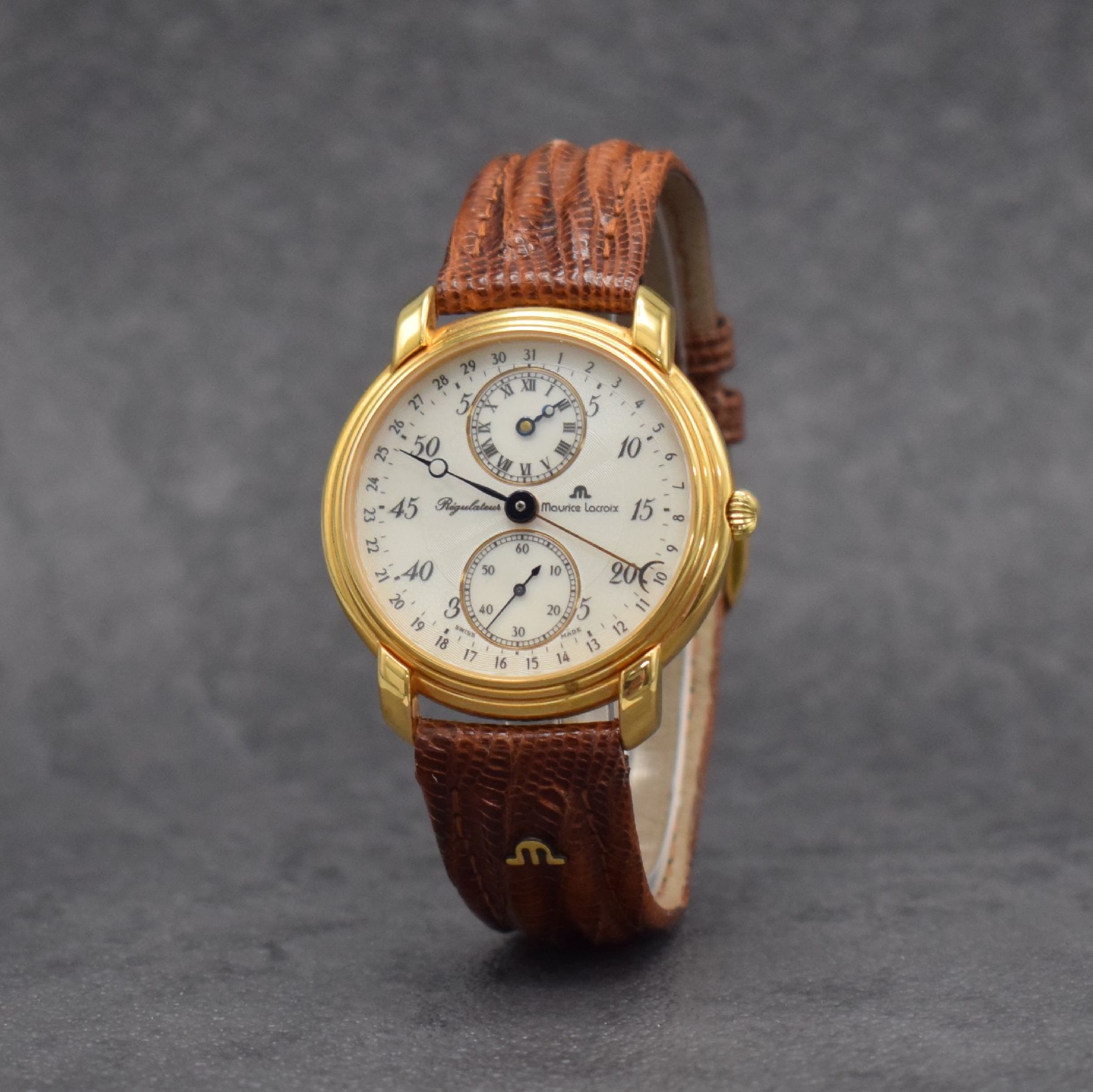 Detail b: MAURICE LACROIX Herrenarmbanduhr Regulateur Referenz 53401, Handaufzug, Schweiz um 1991, auf 999 Stück limitiertes Sondermodell, verg. Metallgeh. ...