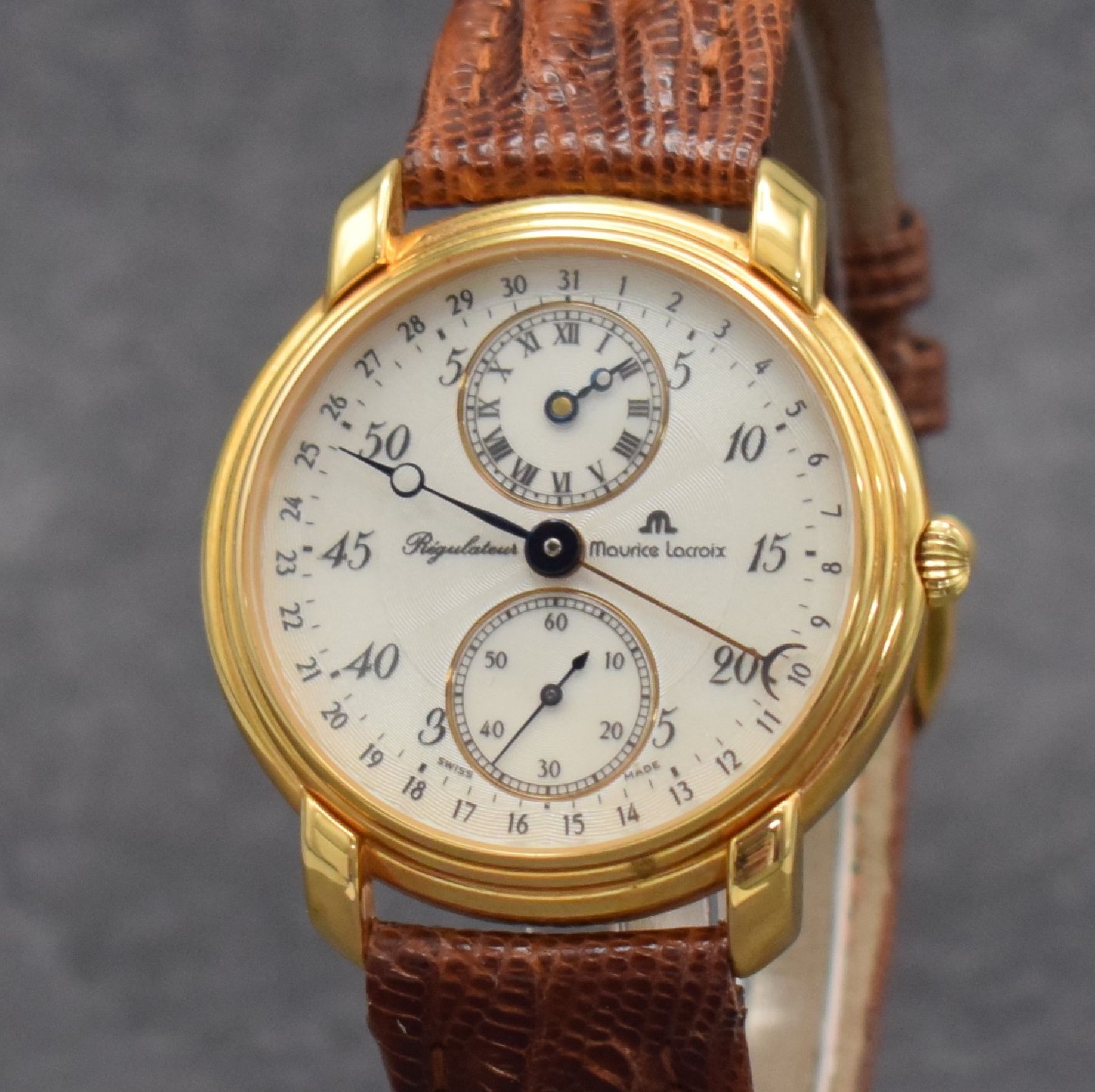 Detail c: MAURICE LACROIX Herrenarmbanduhr Regulateur Referenz 53401, Handaufzug, Schweiz um 1991, auf 999 Stück limitiertes Sondermodell, verg. Metallgeh. ...