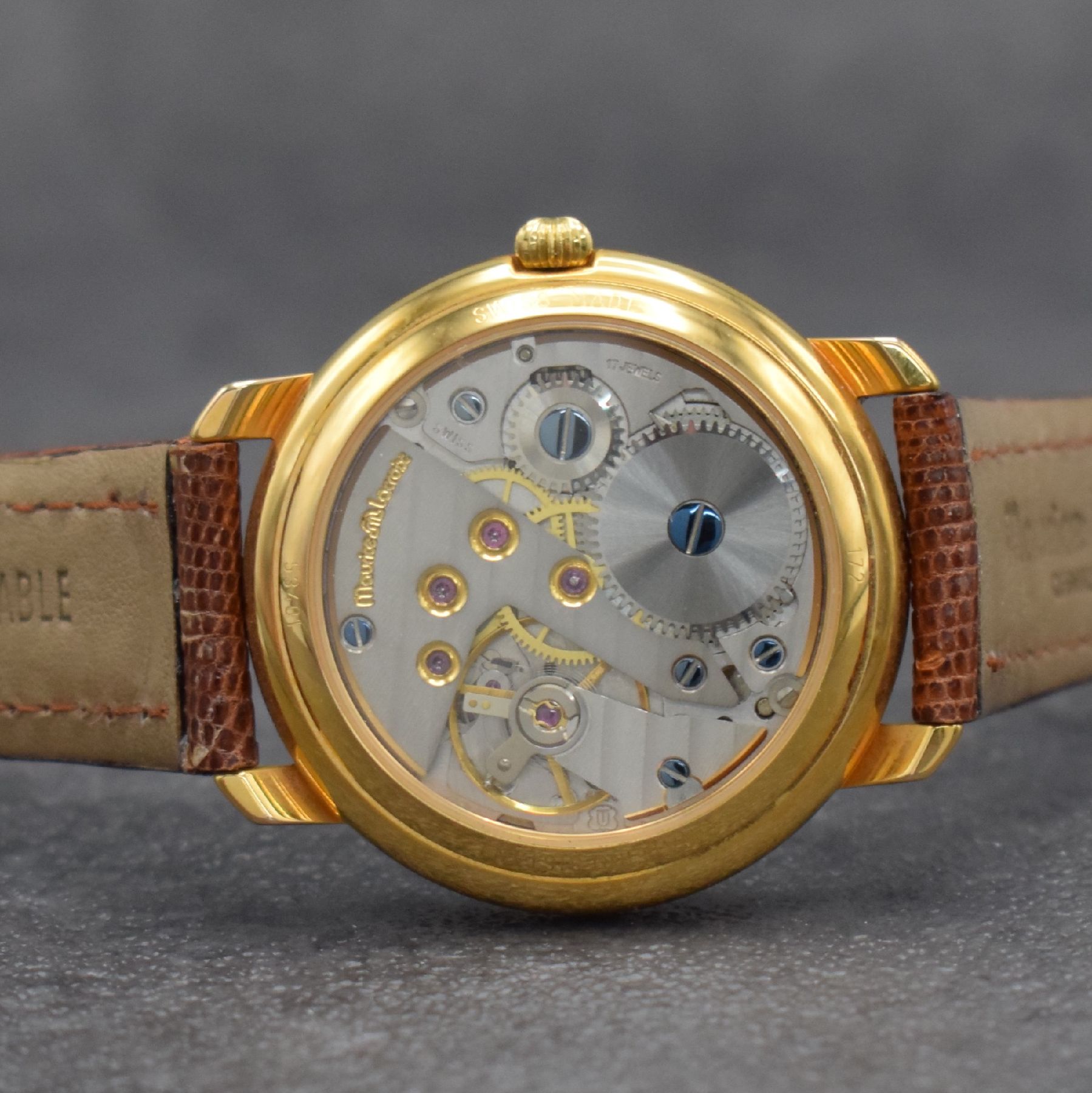 Detail e: MAURICE LACROIX Herrenarmbanduhr Regulateur Referenz 53401, Handaufzug, Schweiz um 1991, auf 999 Stück limitiertes Sondermodell, verg. Metallgeh. ...