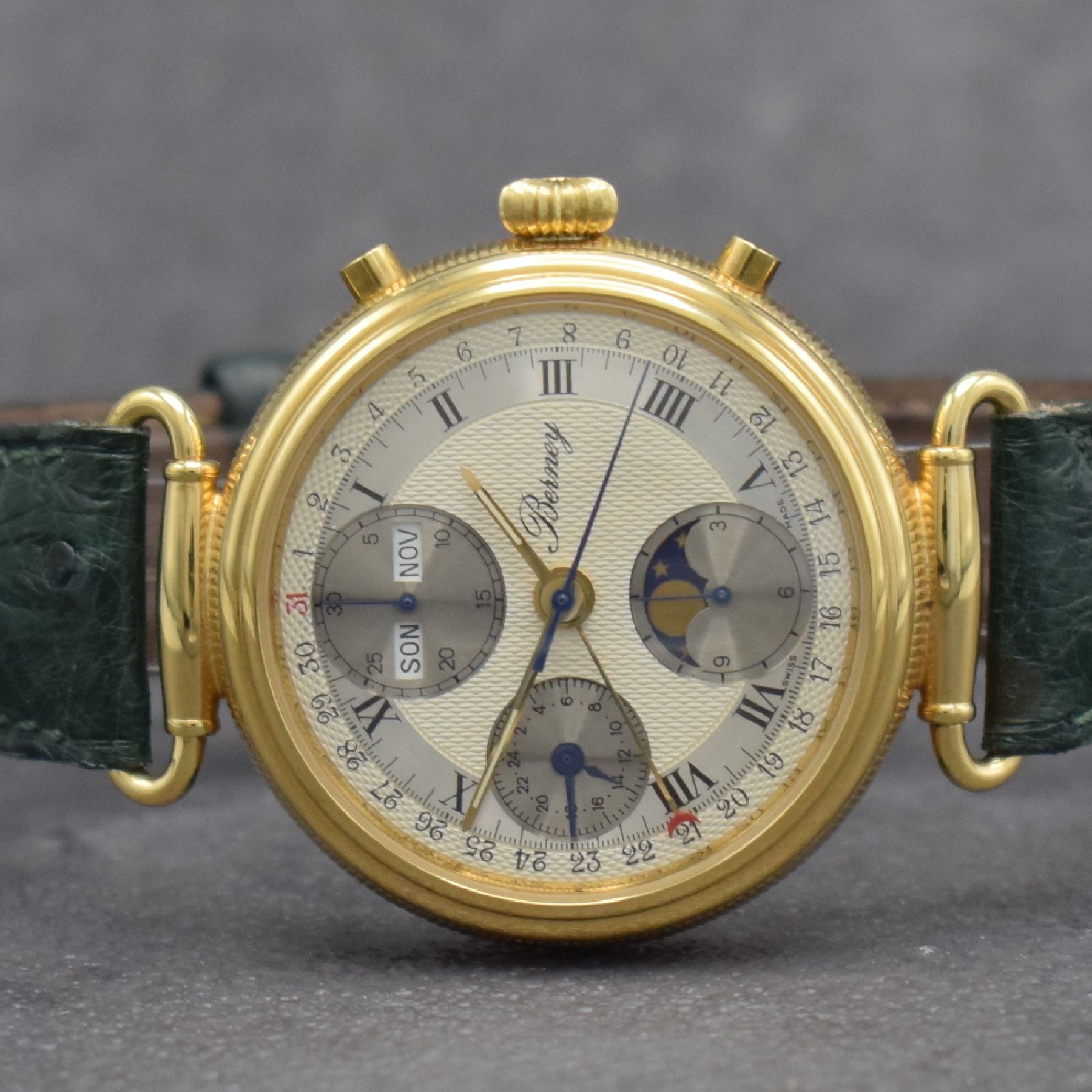 Detail a: BERNEY Armbandchronograph mit Vollkalenderanzeige, Automatik, Schweiz um 2000, verg., beids. vergl. Geh., Boden & Glasrand aufgedr., bewegl. ...