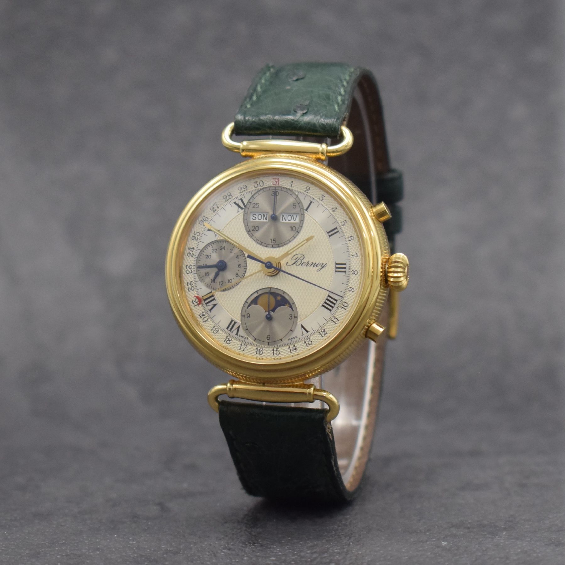 Detail b: BERNEY Armbandchronograph mit Vollkalenderanzeige, Automatik, Schweiz um 2000, verg., beids. vergl. Geh., Boden & Glasrand aufgedr., bewegl. ...