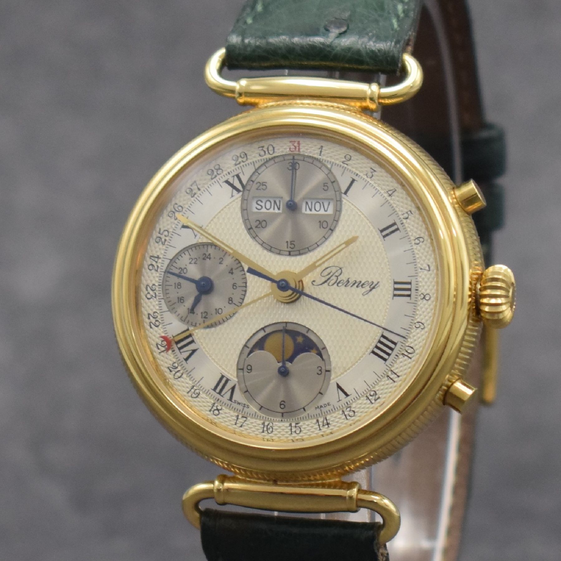 Detail c: BERNEY Armbandchronograph mit Vollkalenderanzeige, Automatik, Schweiz um 2000, verg., beids. vergl. Geh., Boden & Glasrand aufgedr., bewegl. ...