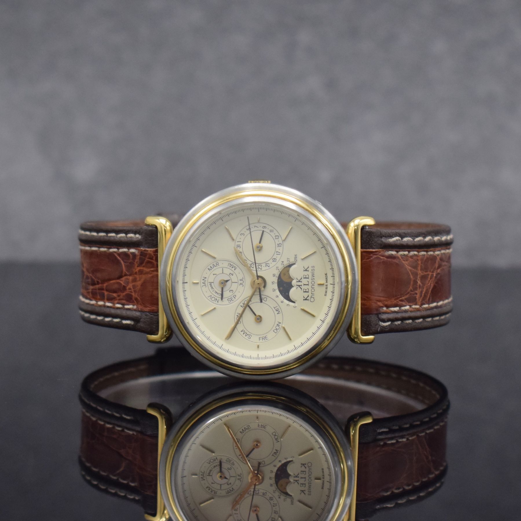 KELEK CHRONOSWISS astronomische Herrenarmbanduhr mit ewigem Kalender in Stahl, Schweiz um 1985, Automatik, satiniertes Geh., verg. Lünette & ...