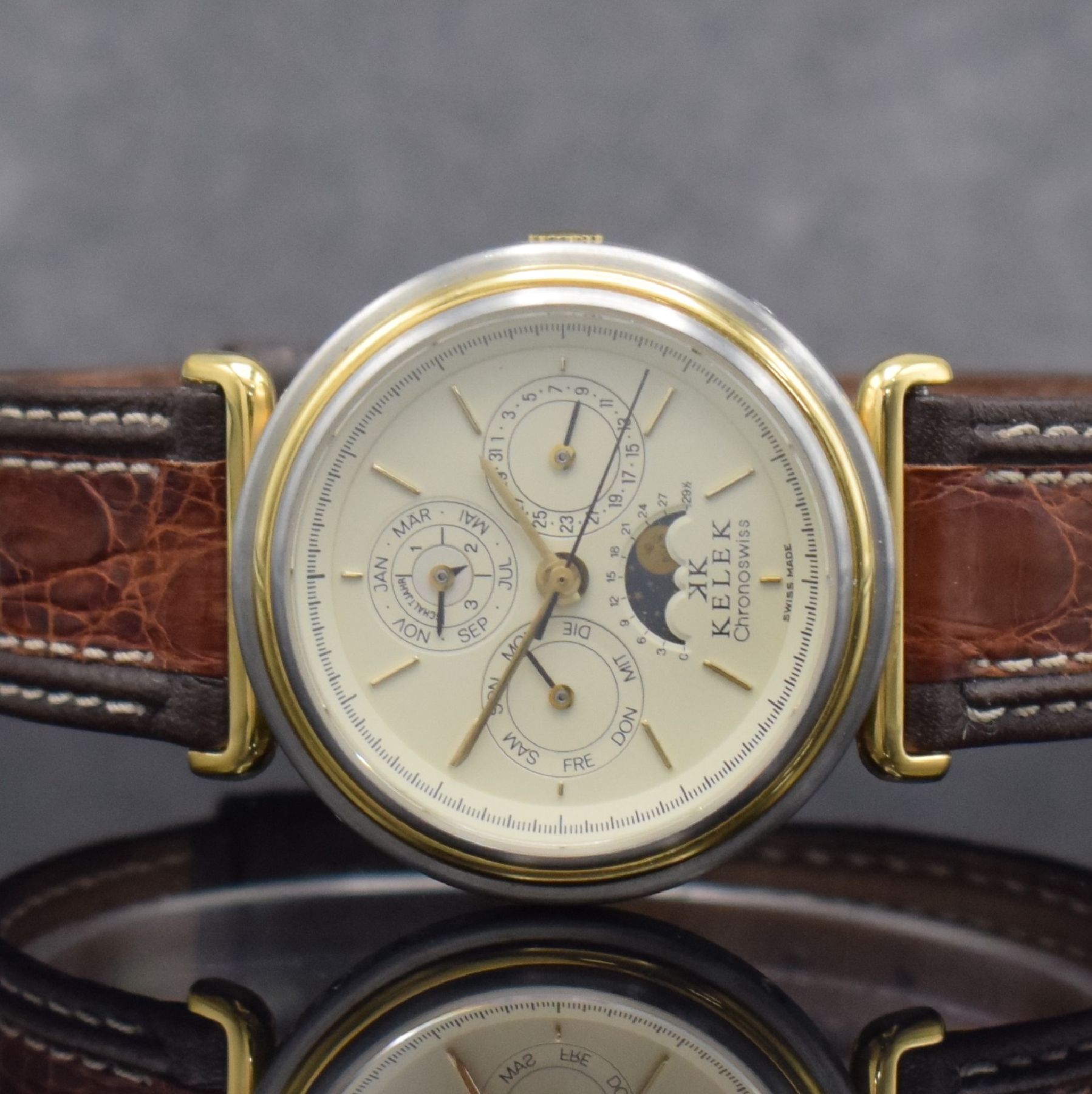 Detail a: KELEK CHRONOSWISS astronomische Herrenarmbanduhr mit ewigem Kalender in Stahl, Schweiz um 1985, Automatik, satiniertes Geh., verg. Lünette & ...