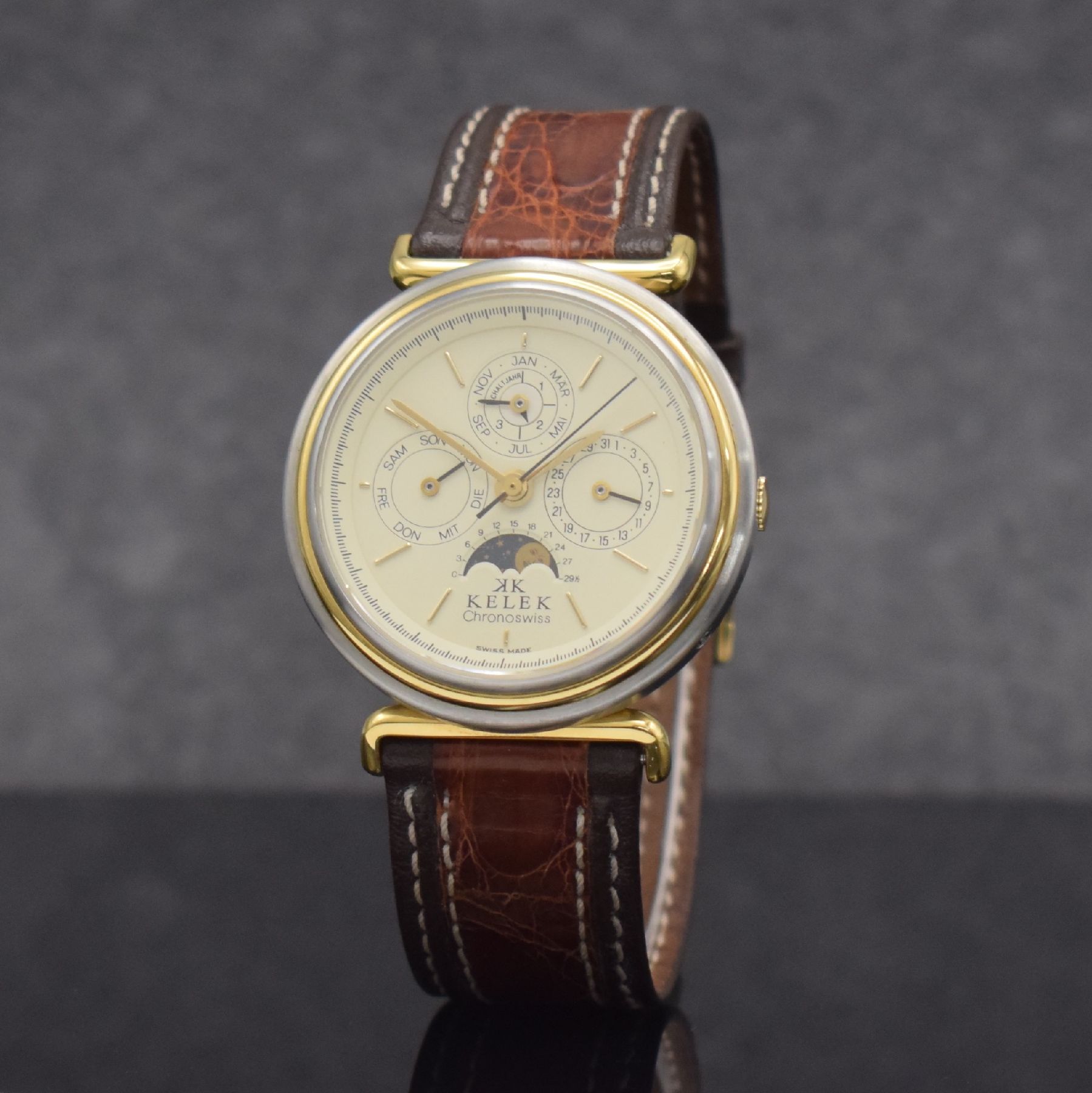 Detail b: KELEK CHRONOSWISS astronomische Herrenarmbanduhr mit ewigem Kalender in Stahl, Schweiz um 1985, Automatik, satiniertes Geh., verg. Lünette & ...