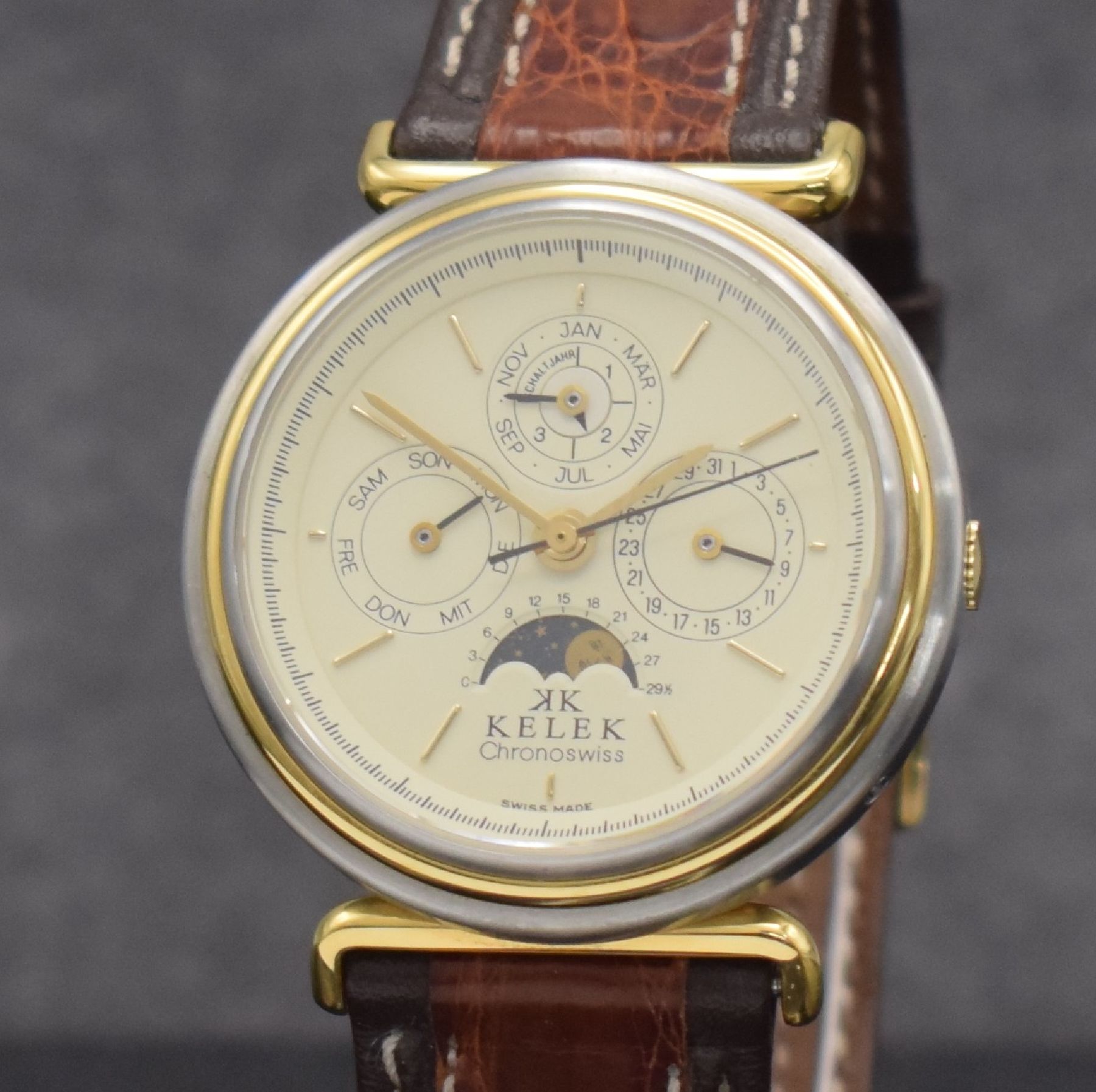 Detail c: KELEK CHRONOSWISS astronomische Herrenarmbanduhr mit ewigem Kalender in Stahl, Schweiz um 1985, Automatik, satiniertes Geh., verg. Lünette & ...